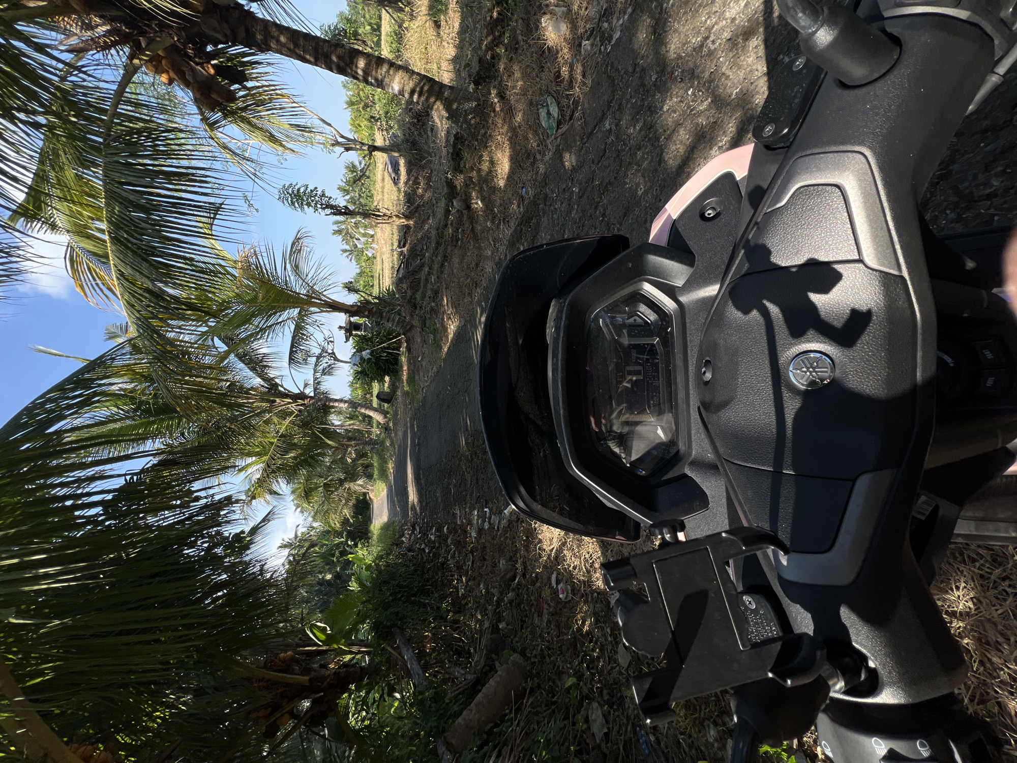 The image shows a first-person perspective from a scooter traveling down a narrow, unpaved road lined with palm trees and lush vegetation. The road is partially covered in debris, including leaves, branches, and scattered plastic waste. The sky is clear and blue. In the distance, rice paddies are visible. The scooter's dashboard and handlebars are in the foreground, with a phone mount attached to the handlebars. The location is identified as Kerambitan, Indonesia, a region known for its rural landscapes and agricultural areas. The overall impression is that of a scenic, tropical journey through a less developed area.