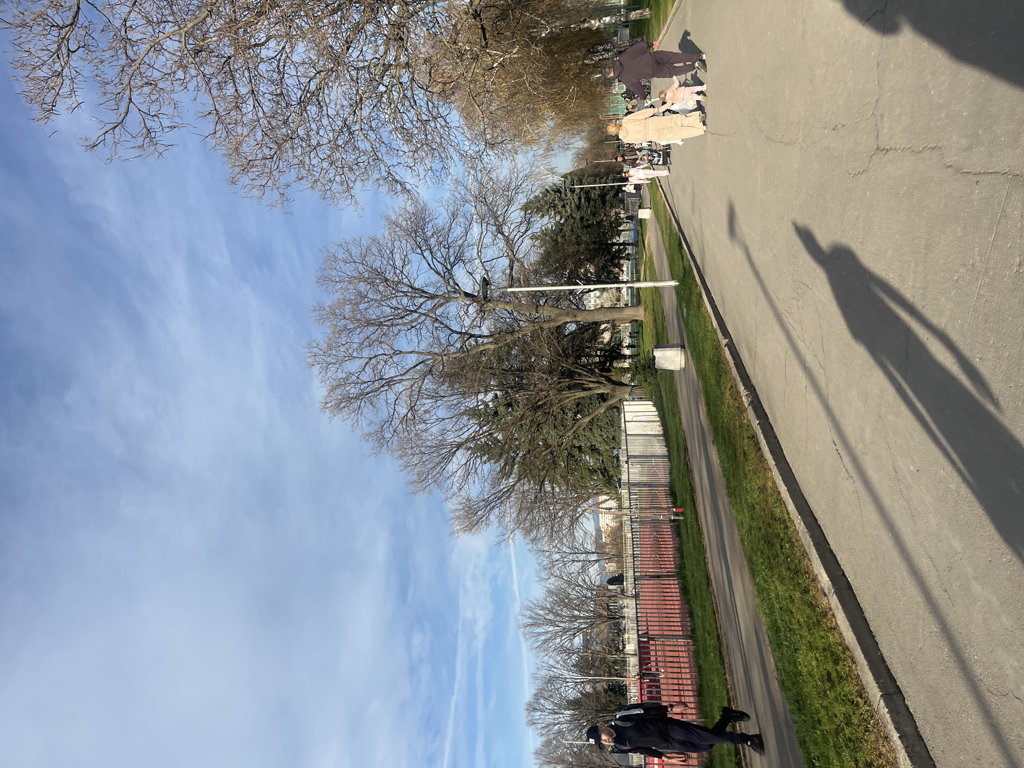 A ground-level shot taken outdoors, revealing a section of a park in Sofia, Bulgaria, on a clear day.
The sky is blue with wispy clouds. The foreground features a paved pathway with a long shadow cast across it. A strip of green grass borders the path on one side. A person is walking on the left side of the image.
Behind the path and grass, there is a fence adjacent to what appears to be a red running track. Beyond the running track, bare trees line the horizon, their branches stark against the sky. Taller evergreen trees are interspersed among the bare ones.
On the right side of the image, there are people pushing strollers. They are further away, and their faces are not discernible. The overall environment suggests a public park or recreation area.