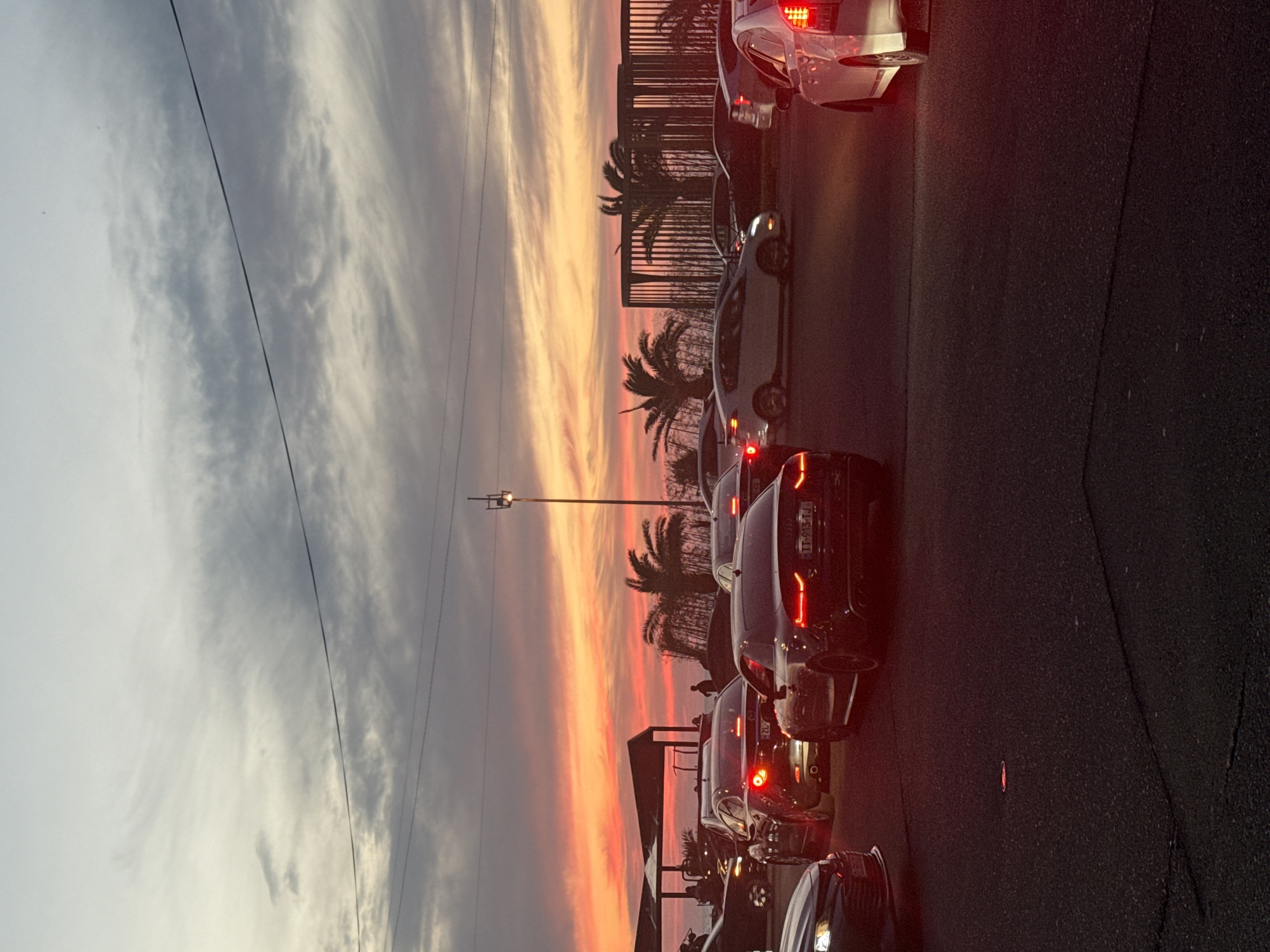 This image depicts a vibrant sunset or sunrise over a busy street in Batumi, Georgia, characterized by heavy traffic. The sky is a dominant feature, displaying a striking gradient of colors: fiery orange, pink, and red near the horizon where the sun is setting/rising, transitioning into soft grey and blue clouds higher up. Overhead, several thin power lines or cables are visible stretching across the sky.
On the right side of the image, numerous cars are lined up on an asphalt road, appearing to be in a traffic jam or moving very slowly. Many of their brake lights are illuminated, casting a warm red glow on the road and surrounding vehicles. The cars are a mix of light and dark colors, with one dark car displaying a partially visible license plate that reads "TT-915-PJ," identifying it as a Georgian vehicle, likely registered in the Adjara region where Batumi is located.
In the middle ground, several palm trees are silhouetted against the colorful sky, indicating a subtropical or coastal setting. Behind the palm trees, a dark, fence-like or railing structure is visible. A tall lamppost stands centrally, reaching towards the sky. A lone, silhouetted figure of a person can be seen walking on the sidewalk or between cars in the distance. The overall scene suggests an evening commute, with the natural beauty of the sunset providing a backdrop to the urban activity of traffic.