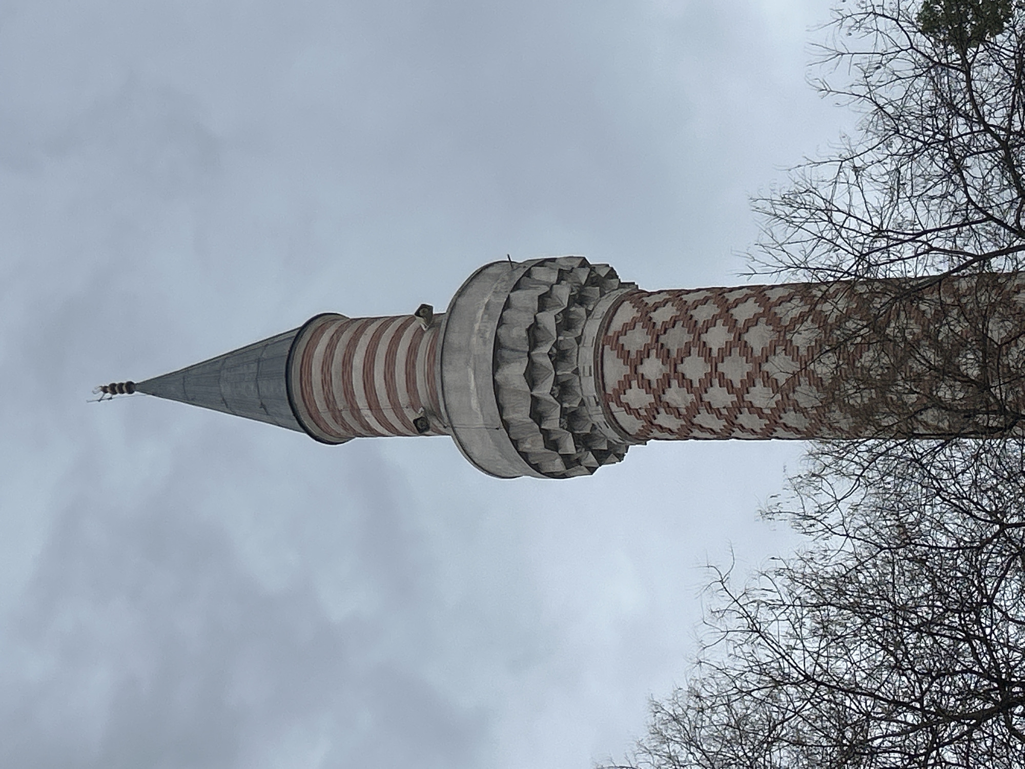 The image displays the upper section of a minaret, oriented vertically against an overcast sky. The minaret's design features several distinct segments.
At the very top is a dark, conical spire, likely made of metal or dark stone, with subtle horizontal rings near its pointed tip. Below this, the minaret's shaft transitions into a cylindrical section decorated with alternating light and reddish-brown horizontal stripes.
Further down, a prominent light gray balcony area, known as a sherefe, is visible. This section is elaborately carved with intricate, multi-faceted geometric patterns, characteristic of muqarnas (stalactite ornamentation).
Below the sherefe, the main body of the minaret continues with a cylindrical shaft. This larger section is adorned with a repeating pattern of reddish-brown diamond or rhombic shapes set against a lighter background, likely brickwork.
On the right side of the image, the delicate, bare branches of a tree extend into the frame, partially obscuring the minaret and contrasting with its sturdy structure. The sky is uniformly gray and cloudy, suggesting an overcast day. No people or visible text are present. The architectural style, with its distinctive brickwork and geometric patterns, is characteristic of Ottoman design, consistent with its likely location in Plovdiv, Bulgaria.