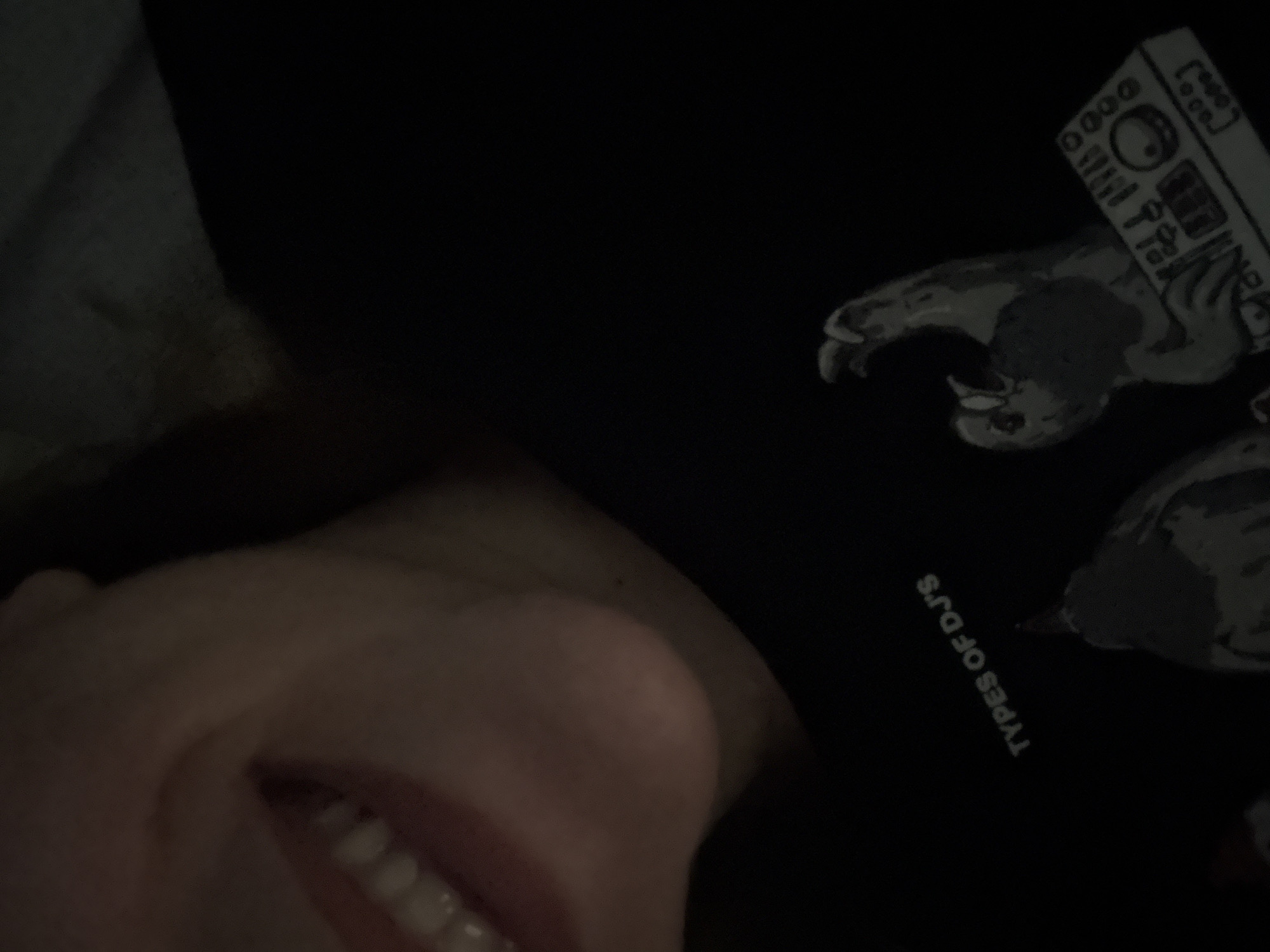 The image is a dimly lit, close-up shot, likely a selfie, taken from a slightly upward and tilted angle. The lower part of a person's face, specifically their mouth and chin, is visible in the lower-left quadrant. The person is smiling, revealing their teeth.
The majority of the right side of the frame is occupied by black fabric, which appears to be clothing, possibly a t-shirt or hoodie. This clothing features a graphic design of a stylized creature, possibly a monster or dragon, with visible claws. The creature is depicted holding an electronic device, resembling a DJ mixer or controller, which has several buttons and knobs. Below this graphic, positioned diagonally in the lower-right area of the clothing, is white text that reads "TYPES OF DJ'S".
The setting appears to be an indoor environment with very low light, giving the image a dark and somewhat indistinct background. The low light and close-up perspective create an intimate and casual atmosphere. The person's smile suggests a positive or relaxed mood.