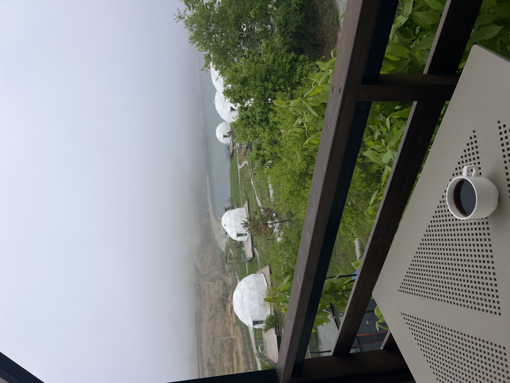 From a high vantage point, likely a balcony, a partial view of a coffee mug on a table overlooks a scene of domed structures in Zarubino, Russia. The domes are interspersed with green vegetation and pathways, with the edge of a body of water visible in the background. Fog obscures part of the horizon. The balcony's railing is made of dark wood.