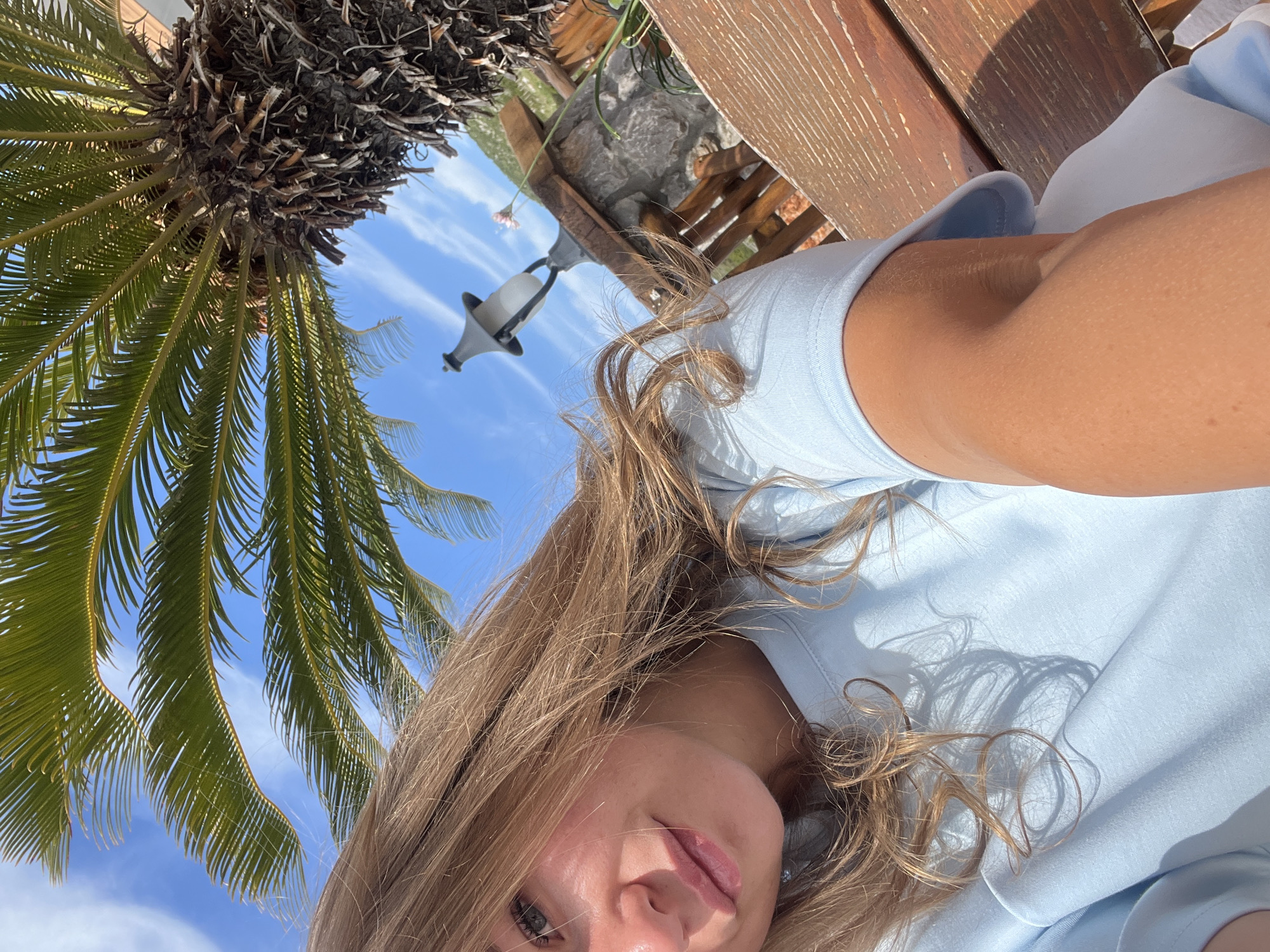 This bright, sideways-oriented image captures an outdoor selfie on a sunny day. The primary subject is a young person, likely a woman, with light brown hair that cascades around her shoulders and across her light blue top. Her face, seen from a low angle, occupies the lower right portion of the frame, showing her eyes and part of her mouth with slightly parted lips. Her expression appears neutral to subtly smiling.
In the upper left of the frame, a prominent palm tree features a dark, textured trunk and lush green fronds, stretching across a clear blue sky. A few wispy white clouds are visible. Against the sky, slightly above the person's head, an outdoor lantern or light fixture with white and dark elements is visible. To the right of the person's shoulder and extending into the background, there is a wooden structure, possibly a bench or table, rendered in warm brown tones with visible grain. Some distant greenery and rocks can be seen behind this wooden element.
The strong, direct sunlight is evident from the bright illumination and the shadows cast across the wooden surface and the person's clothing. The overall scene suggests a pleasant, warm, and relaxed outdoor setting, possibly in Kovačko Polje, Montenegro, during daylight hours. There is no visible text in the image.