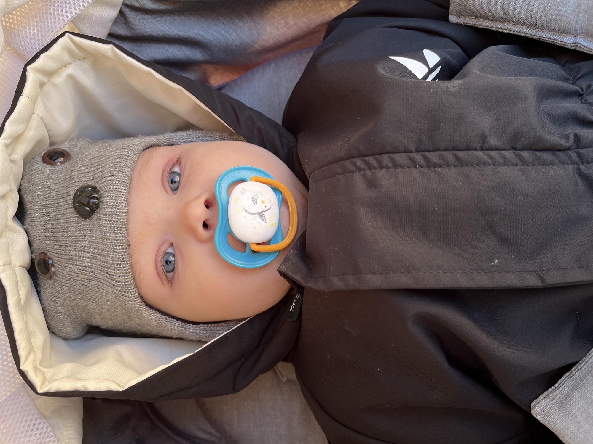 An overhead shot depicts an infant situated in a stroller or pram within Chaikovsky, Russia. The infant has light skin, blue eyes, and is wearing a grey knitted beanie adorned with three dark, spherical embellishments resembling facial features. A dark-colored, possibly black, hooded winter suit with a lighter inner lining covers the infant's body, revealing a faint white logo on the left chest area. A pacifier with a blue guard, an orange ring, and a white central disk bearing a multi-colored graphic is present in the infant's mouth. The stroller's light mesh fabric is visible in the upper right, while grey fabric lines the sides of the containment.