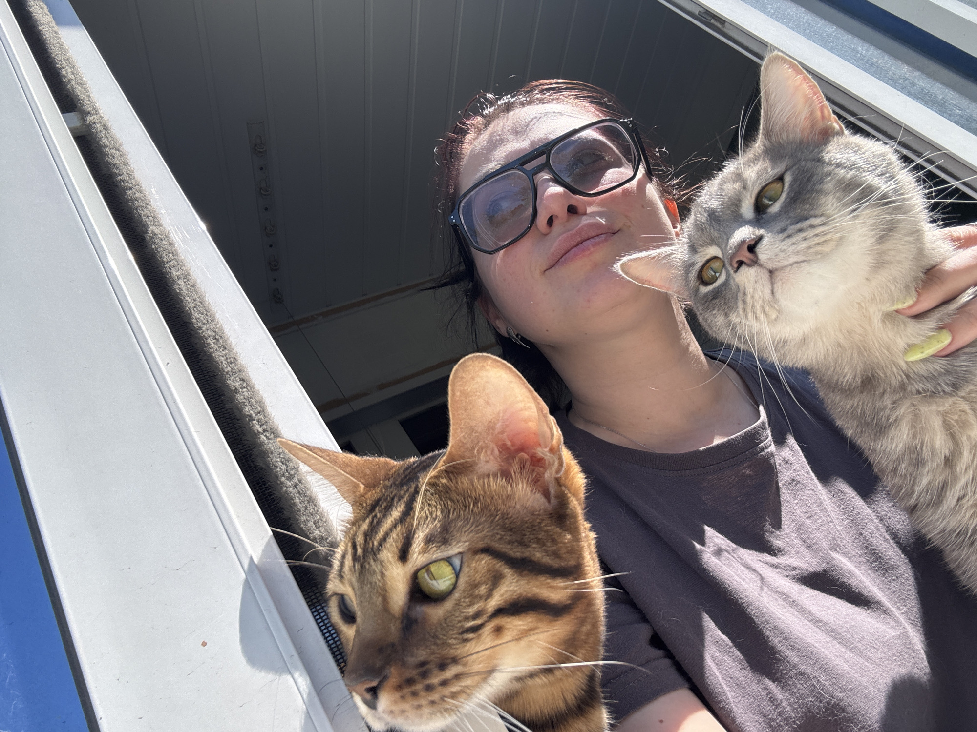 A low-angle shot depicts a woman with auburn hair and glasses posing with two cats in an open window. The woman, wearing a grey t-shirt, holds a grey tabby cat on the right side of the frame. To the left, a Bengal cat leans out of the window, its head visible against the white frame. The environment appears to be indoors, with light streaming through the window. The location is Unknown, Unknown.