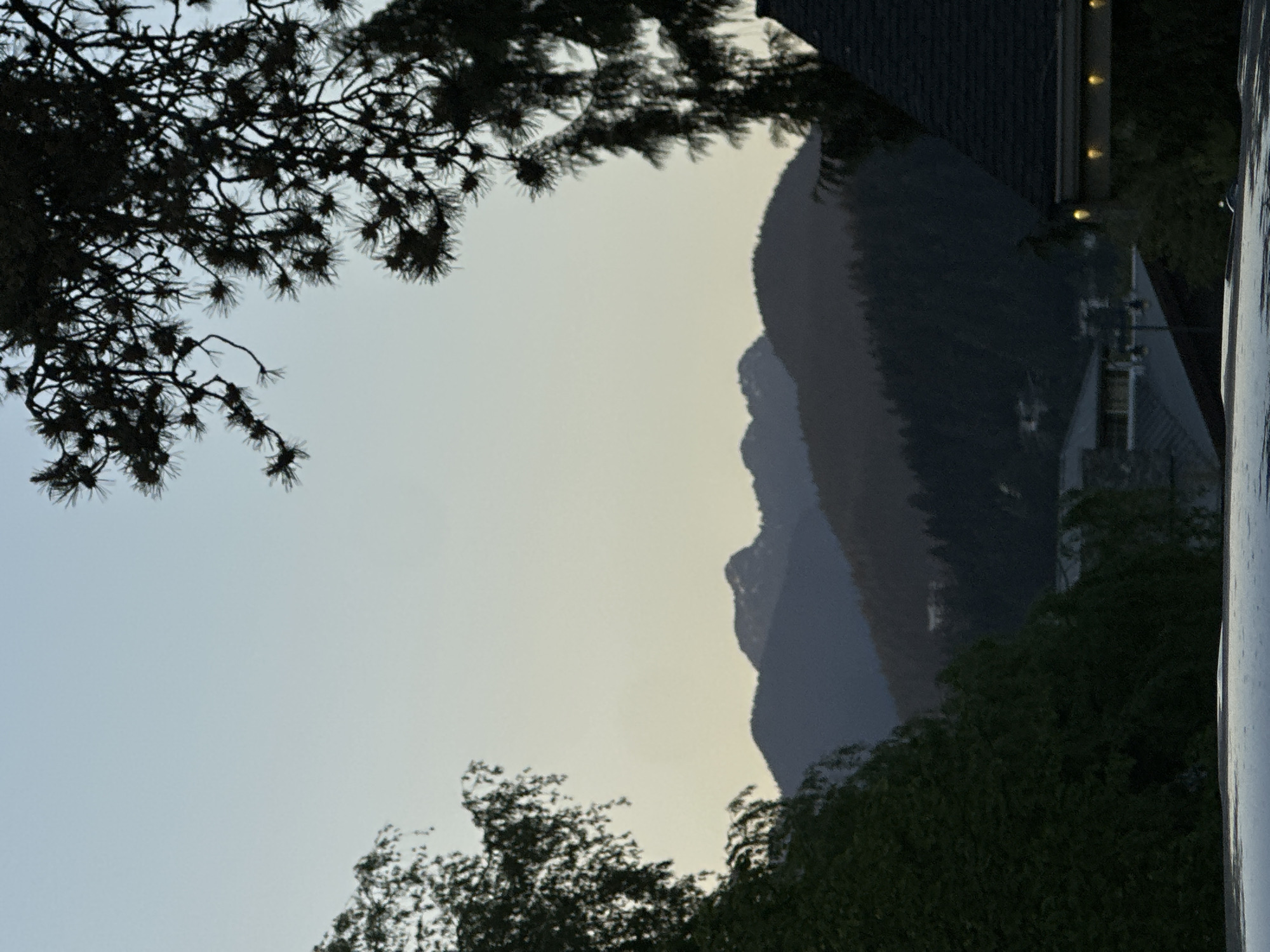 This image depicts a view in Port Moody, Canada, showcasing a landscape framed by vegetation. In the foreground, silhouetted branches of a tree spread across the upper left, while another cluster of trees occupies the lower portion. Beyond the trees, a mountain range is visible in the distance. A structure, possibly a building, is situated to the right, with lights illuminating its exterior. The sky is light in color, suggesting either early morning or late evening. The image is vertically oriented.