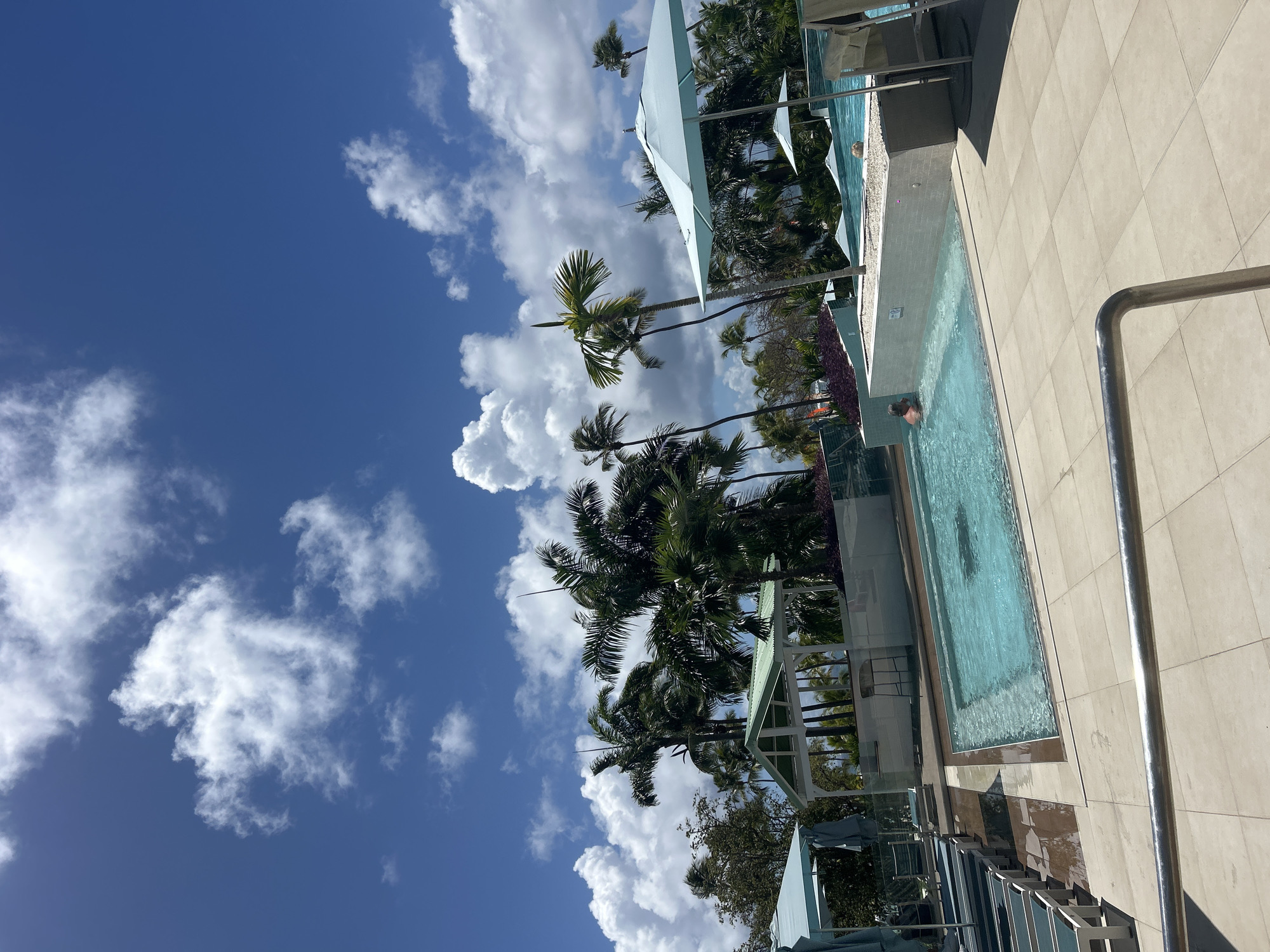The image displays an outdoor swimming pool complex, consistent with a resort or hotel setting, located in Sainte-Anne, France. The scene is illuminated by daylight under a clear blue sky scattered with white cumulus clouds.
In the immediate foreground, a silver-colored metal handrail extends horizontally across the lower frame, positioned above a light beige tiled patio. To the left, several light blue chaise lounges are arranged beneath an open light blue umbrella.
The central area features multiple interconnected swimming pools with clear light blue water. In a rectangular pool toward the mid-ground, one individual is partially submerged, facing away from the camera. Behind this pool, a white gazebo-like structure with a light green pitched roof is visible, housing what appears to be a bar area with stools.
The background and mid-ground are dominated by numerous tall palm trees and dense green tropical foliage. To the right, another section of the pool area includes additional open light blue umbrellas and a second individual, whose blonde head is visible above the water's surface in a pool. White and grey textured tiled planter boxes containing small plants are interspersed throughout the pool deck. Glass barriers are also present, delineating sections of the pool complex.