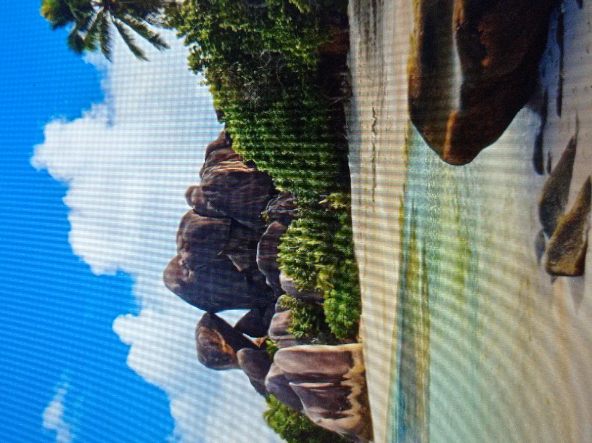 The image depicts a tropical beach scene with large granite boulders, lush green vegetation, a sandy shore, and clear turquoise water. A palm tree is visible on the right side of the frame, and white clouds are scattered across a bright blue sky. In the foreground, a large, dark boulder rests on the wet sand near the water's edge. The scene is serene and appears to be a natural landscape.
This image is not located in the city of Mukachevo, Ukraine. Mukachevo is a city in western Ukraine known for its historic castle and mountainous terrain, not tropical beaches.