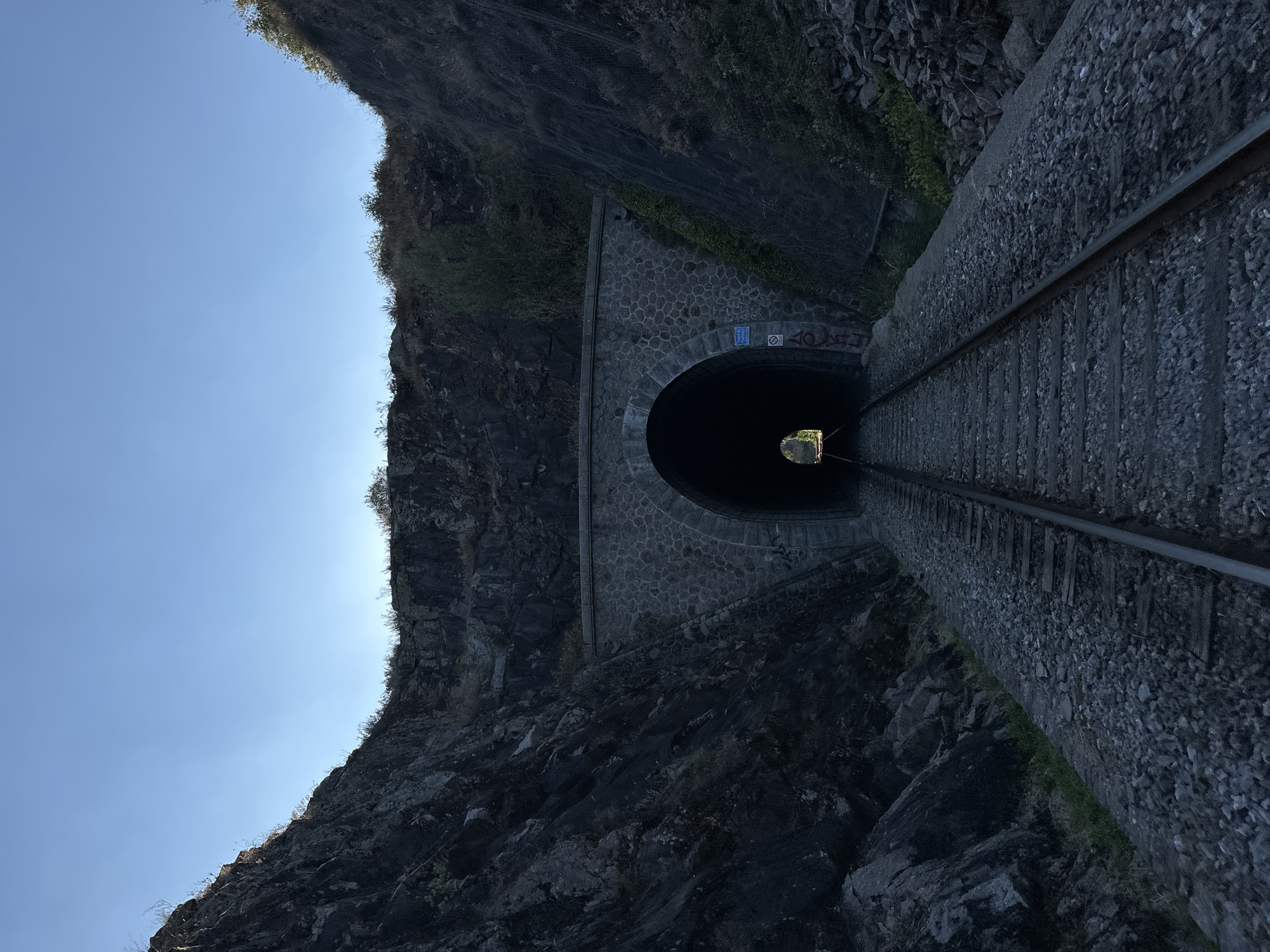The image shows a railway tunnel entrance surrounded by steep, rocky terrain. The tunnel has an arched opening constructed with stone blocks, and train tracks extend from the foreground into the darkness of the tunnel. The sky above is a clear, pale blue. There are no people or animals visible in the image. The environment appears natural and rugged, with some vegetation growing on the slopes. A few signs are visible on the tunnel's exterior wall. The scene suggests an isolated and somewhat remote location. Based on the provided context, this is the entrance to the train tunnel in Générargues, France.