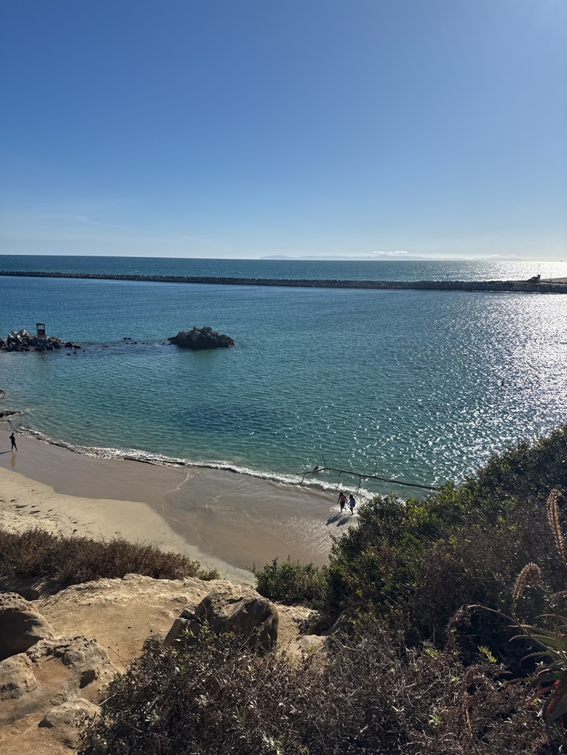 The image depicts a coastal scene in Newport Beach, United States, under a clear blue sky. The ocean, calm and reflecting sunlight, is framed by a breakwater structure in the distance. In the midground, a sandy beach curves along the shoreline. Two people are walking along the water's edge. The foreground features a rocky cliff covered with dry vegetation and green shrubs.