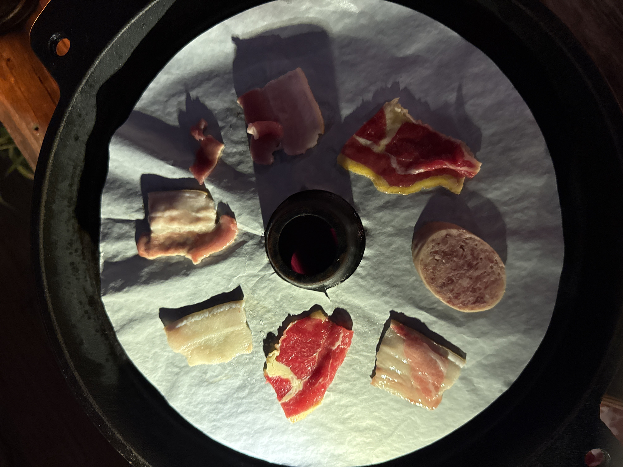A top-down view of a dark metal pot containing several pieces of uncooked meat on a white parchment paper. The pot is centered and round. Around the center, there are seven pieces of meat and a slice of sausage, likely arranged for cooking. The meat pieces vary in type, including what appears to be bacon, pork belly, and other cuts of red meat with varying amounts of fat. The sausage is a light brown color. In the very center of the pot, there is a cylindrical opening. The image was likely taken indoors under artificial lighting, with some shadows visible around the meat pieces. The location is Nan'an District, China.