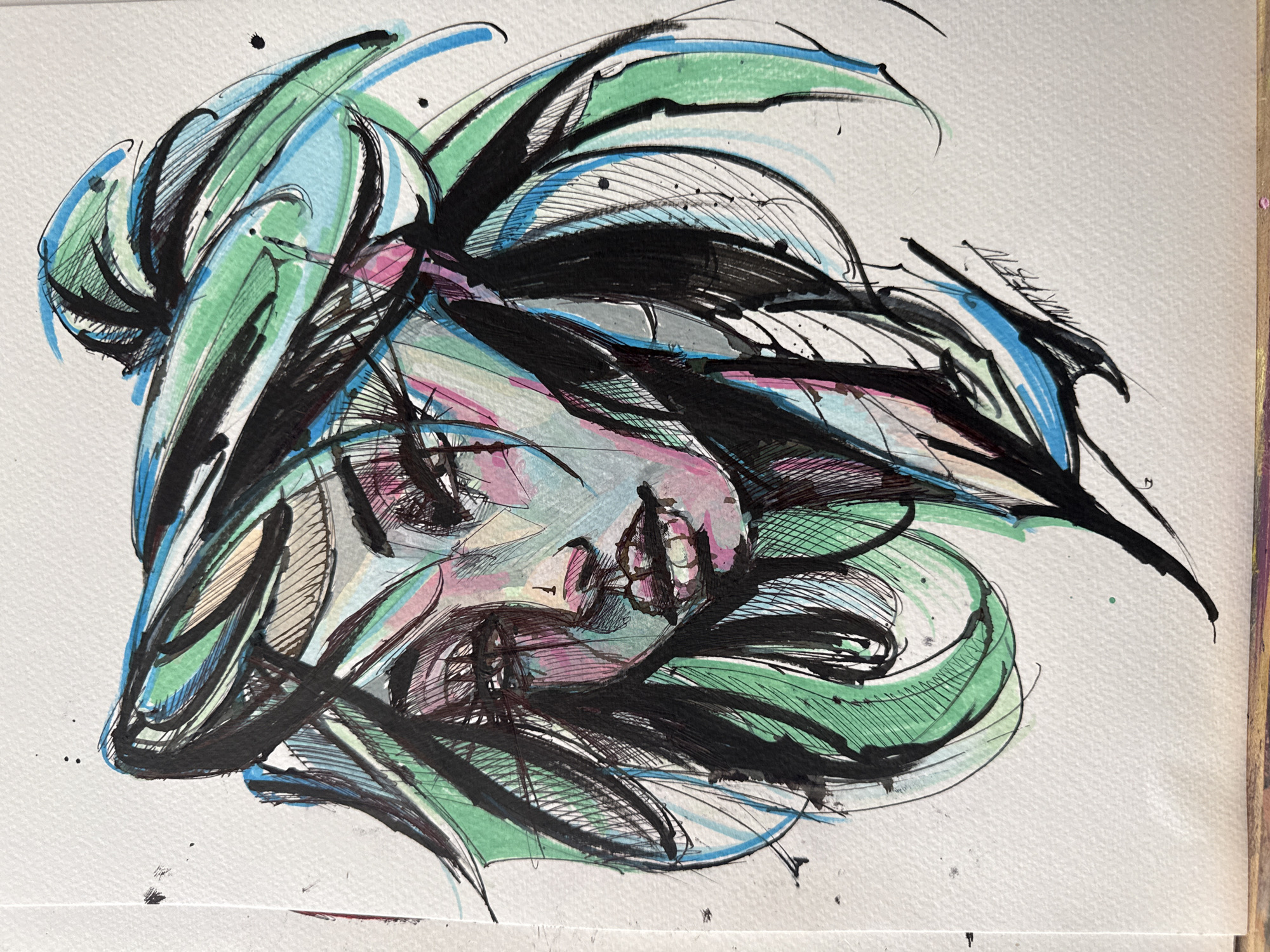 The image is an abstract drawing of a face with flowing hair, possibly asleep or in deep thought. The color palette is predominantly green, blue, black, and pink. The style is characterized by sharp, bold lines, creating a sense of movement and depth. It is difficult to determine if this is a specific location in Sofia, Bulgaria without more information. The artwork lacks discernible landmarks or indicators of a specific environment within the city.