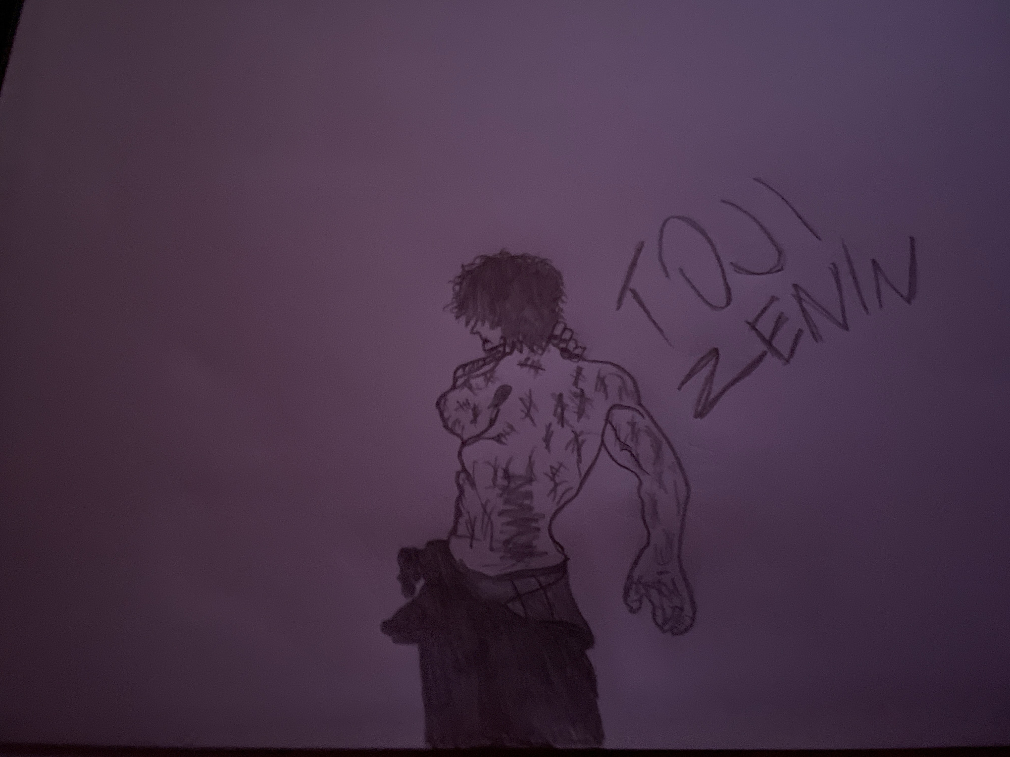 A pencil drawing on paper depicts a muscular figure with short, spiky hair, seen from the back. Scars are visible on the figure's back and left shoulder. The figure is wearing dark clothing around the waist. To the right of the figure, the name "Toji Zenin" is written in pencil. The background appears to be plain paper. The city of Zlatograd, Bulgaria is not depicted.