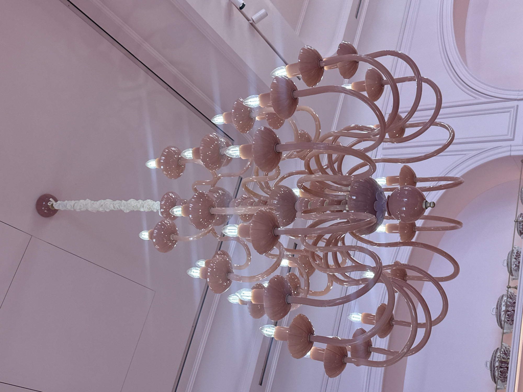 This is a medium-shot, eye-level photograph of a large, ornate chandelier. The chandelier is composed of many delicate, translucent pink glass arms that curve and loop in an intricate design. Each arm holds a light bulb, and several of these bulbs are illuminated, casting a soft glow. The chandelier is suspended from a white, textured cord attached to a pink fixture on a light pink ceiling. The ceiling has subtle architectural details, including what appear to be recessed panels and curved moldings, suggesting an indoor setting, possibly a grand room or public space. The lighting is diffused, creating soft shadows and highlighting the reflective quality of the glass. The overall mood is elegant and somewhat whimsical due to the chandelier's design. The image was taken in Kyiv, Ukraine.