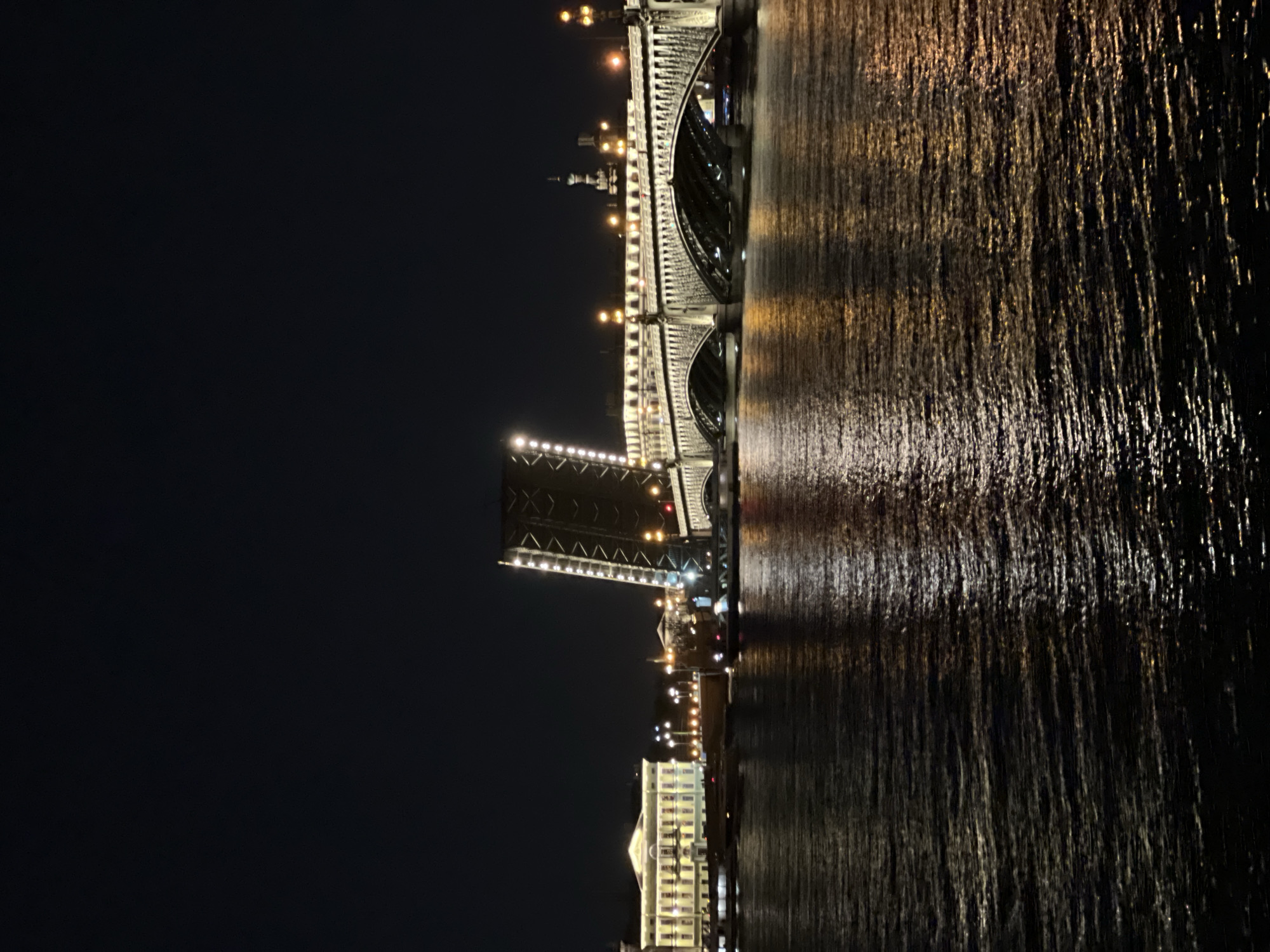 A nighttime shot of the Palace Bridge in Saint Petersburg, Russia. The bridge is partially raised, its illuminated spans tilted upward against the dark sky. The lights reflect on the water below, creating a shimmering effect. A building is visible on the right, also lit up. The environment is dark, with the bridge and reflections providing the primary light sources. There are no people visible in the shot.