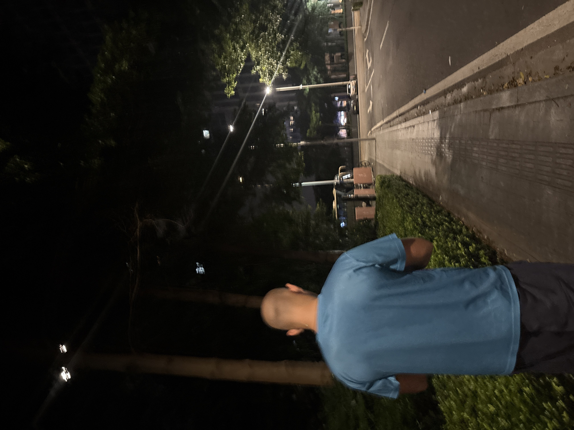 A person with a shaved head, wearing a blue t-shirt and dark shorts, walks away from the camera down a sidewalk at night. The sidewalk is bordered by a low, dense green hedge on the left and a road on the right. The road has white lane markings, and there are streetlights illuminating the scene. Across the road, there are trees, buildings, and parked cars. A small, three-wheeled vehicle is visible on the sidewalk to the left, near some wooden crates. The location is Haizhu District, China.