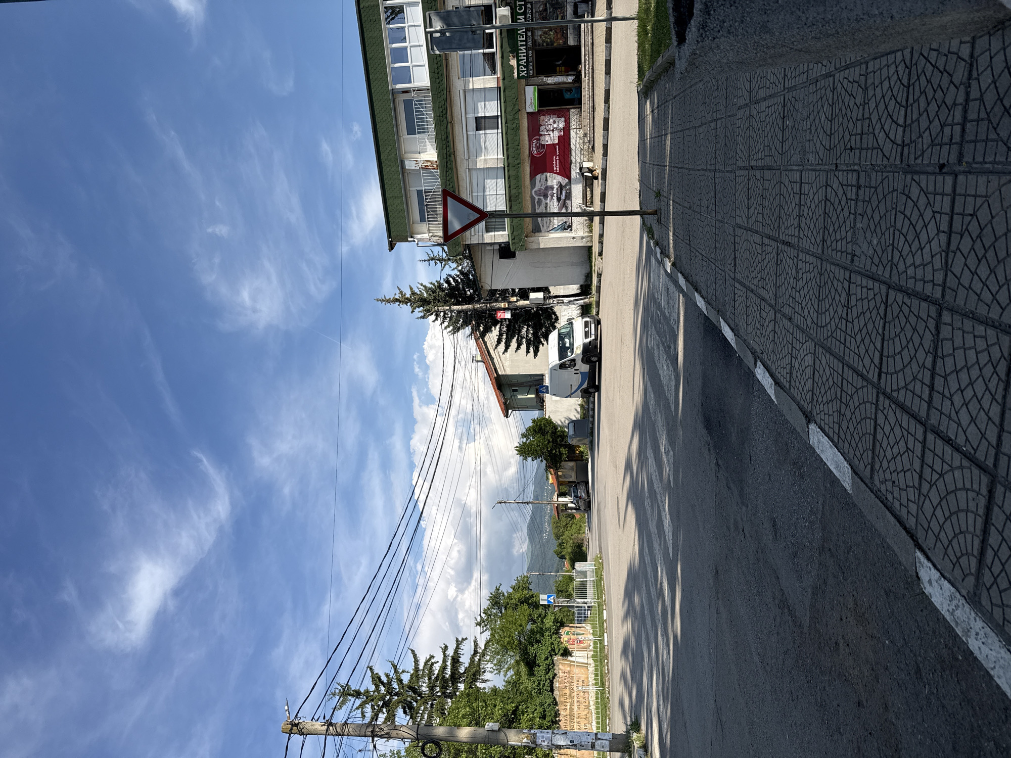 The image presents a street intersection in Dragichevo, Bulgaria, under a blue sky with scattered cirrus and cumulus clouds. Daylight illuminates the scene, casting shadows from overhead trees onto the asphalt road and its white-striped pedestrian crossing.
On the left side of the intersection, a wooden utility pole, heavily laden with multiple black electrical wires, stands prominently. Behind it, dense green foliage and tall evergreen trees are visible. Further back, a low wall features Cyrillic script and graphic elements, reading "НАХА ОРМУС ДЗУЕТ РАССАЕТ ПОШ СВОЙЙЙЙ АЙН МТ АЙЙ АЙЙ АЙНЙ". Distant mountains rise in the background under a more overcast sky.
The right side of the foreground features a tiled sidewalk with a repetitive pattern of concentric circles within square blocks. A red-bordered white triangular "Give Way" sign is mounted on a pole along this sidewalk. Beyond the sign, a two-story building with white walls, green roof edging, and white balconies houses ground-level businesses. One storefront displays a large advertisement for "KRINA" and a sign in Cyrillic, "ХРАНИТЕЛНИ СТ" (Food Store). A small, light brown dog is seated on the ground near a bench in front of this building. A white panel van is visible on the street near the building, and other parked cars are discernable further down the road.