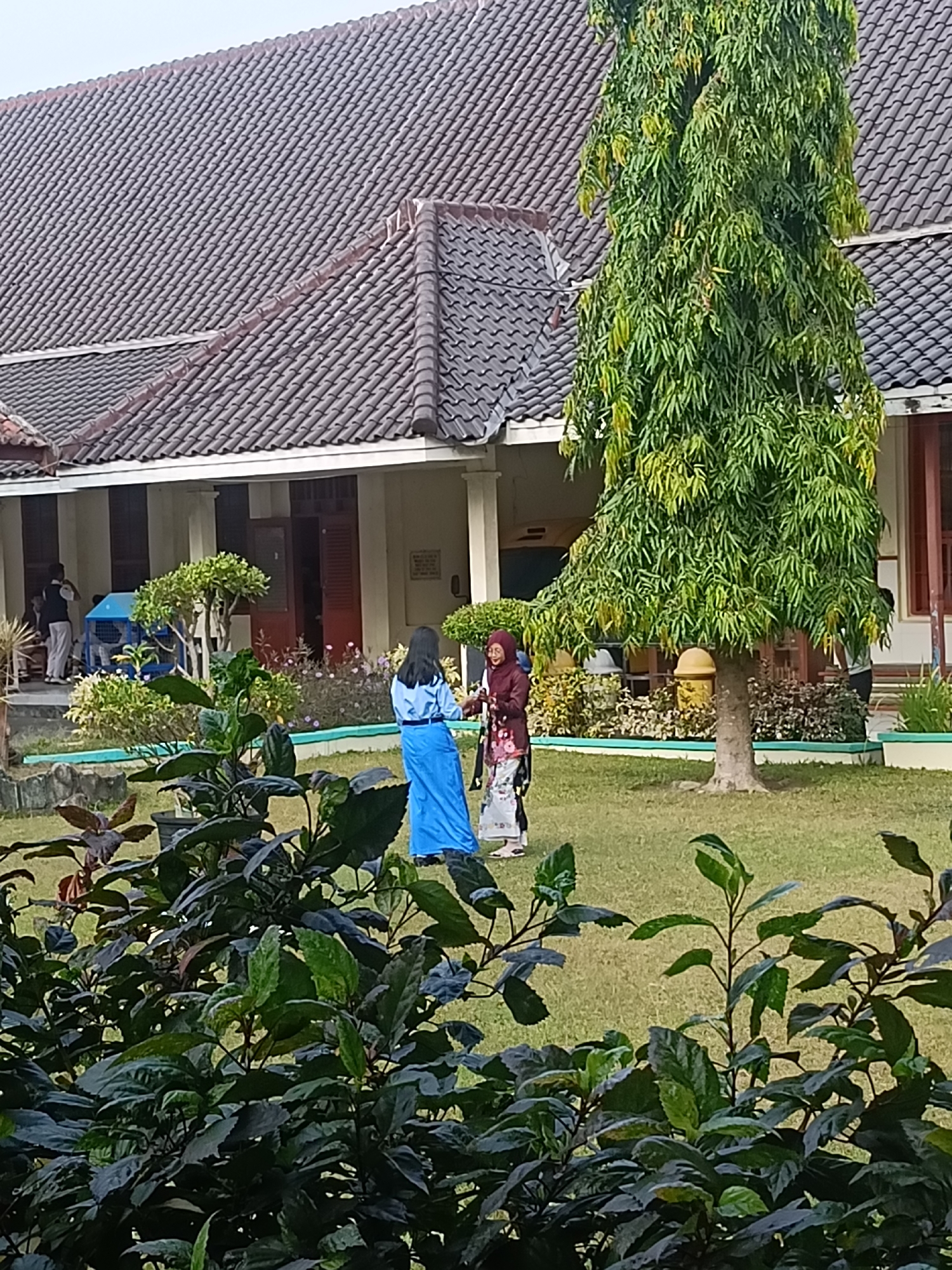 The image depicts an outdoor scene in front of a building with a tiled roof. Two women are standing on a grassy lawn, engaged in conversation. The woman on the left is wearing a bright blue dress, and the woman on the right is wearing a maroon and floral patterned outfit with a hijab. Behind them, there is a tall, leafy green tree with a brown trunk. The building appears to be a school or administrative building, with a row of windows and doors visible. In the foreground, there are dark green leafy plants. The overall setting suggests a daytime scene in an urban environment, possibly a public space in Kediri City, Indonesia, given the architectural style and vegetation.