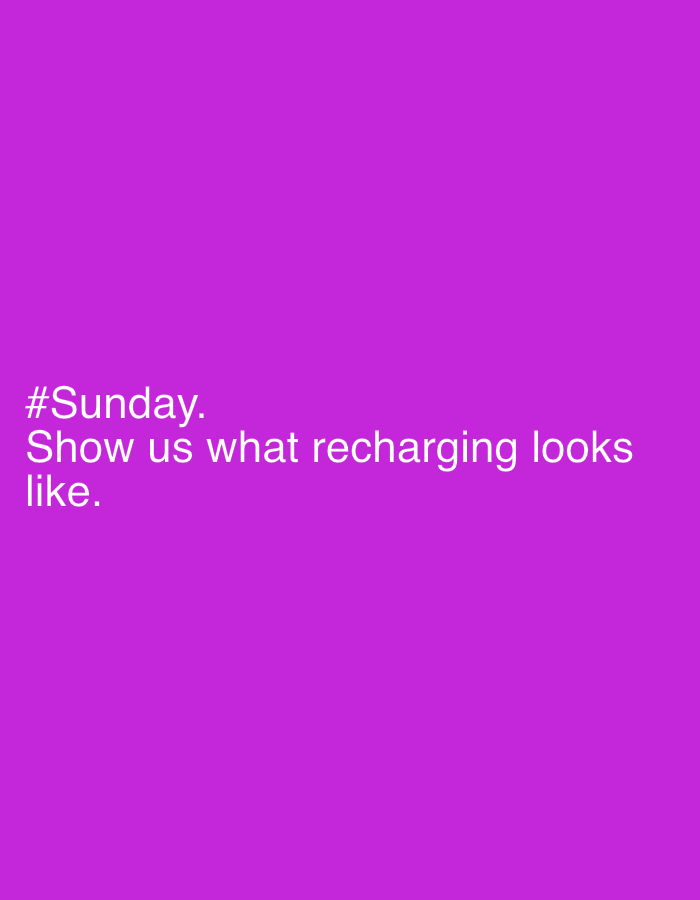 The image is a purple square with white text that says "#Sunday. Show us what recharging looks like." There is no indication of the city of Chaikovsky, Russia in the image.