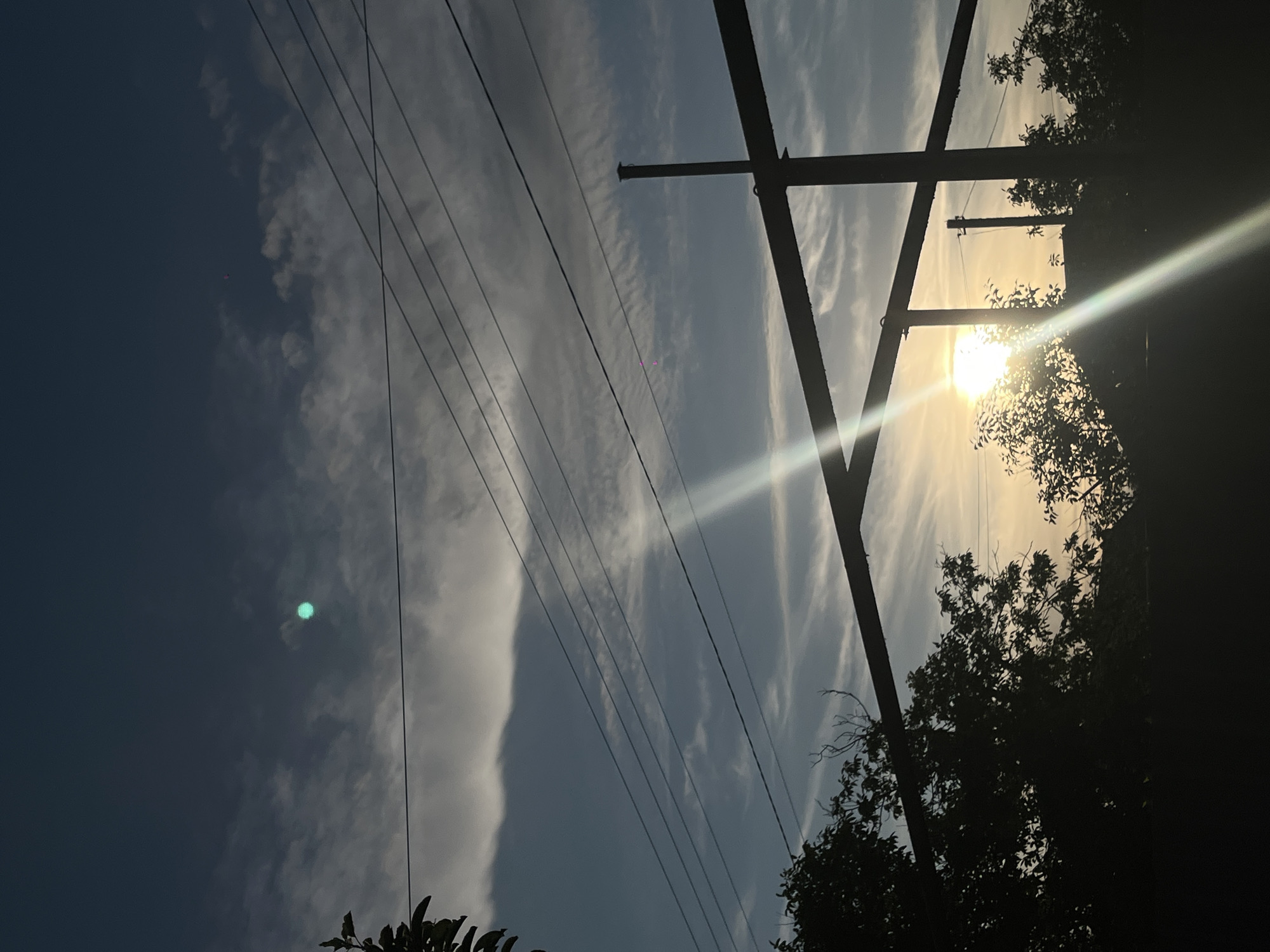The image depicts a silhouetted view of trees and overhead structures against a twilight sky in Novopokrovskaya, Russia. The sun is low on the horizon, casting a bright glare that streaks across the frame. Several power lines are strung across the upper portion of the image, supported by utility poles that are partially visible. The sky is a mix of dark blue and lighter shades, with wispy clouds.