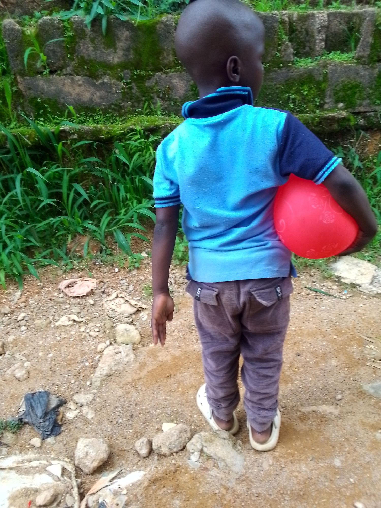 A young child is standing on a dirt path, facing away from the camera, and holding a red balloon. The child is wearing a blue and navy t-shirt and purple pants. The background features a stone wall covered in moss and lush green vegetation. The ground is uneven, with rocks and some debris scattered around. The overall scene suggests an outdoor environment, possibly in a rural or less developed area.