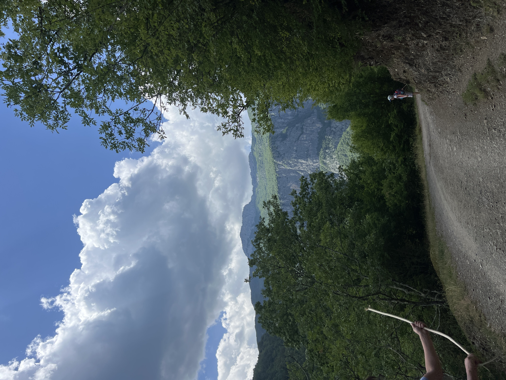 The image shows a dirt path in Mrtvo Duboko, Montenegro, framed by dense green foliage above and to the sides. In the distance, a massive, sheer mountain face is partially obscured by large, billowing white clouds in a blue sky. A person with a backpack and helmet walks on the path. A child’s arms holding a slender, curved branch are visible in the lower right.