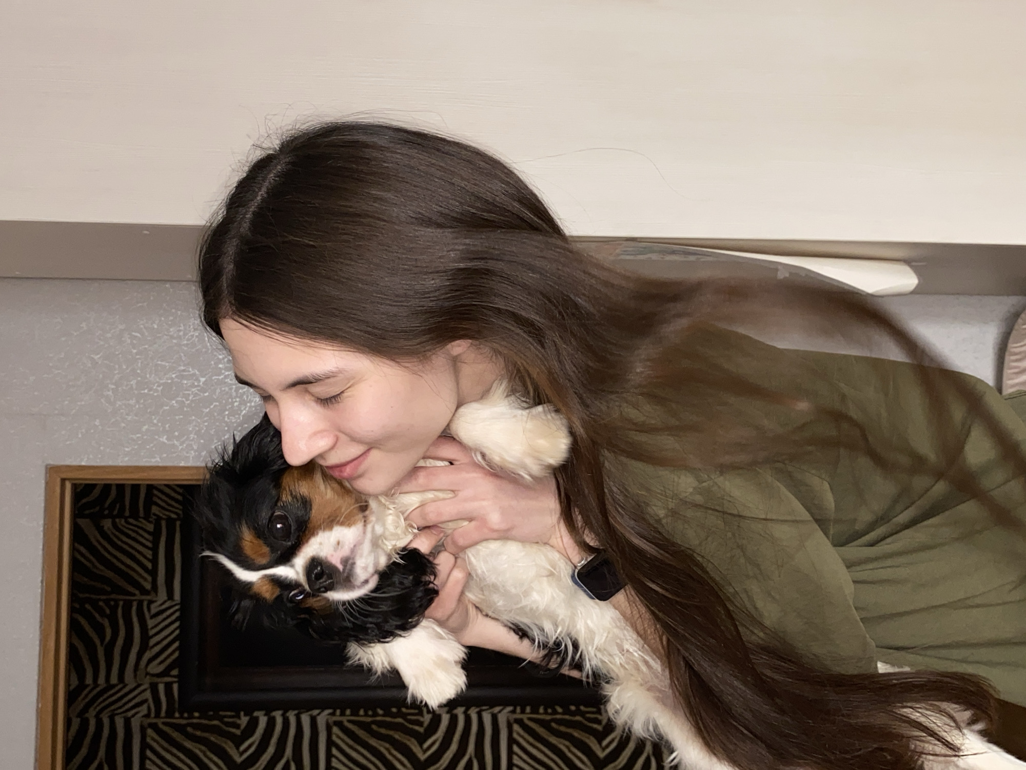 This image, which is rotated 90 degrees clockwise, captures an affectionate indoor moment between a young woman and a small dog in Votkinsk, Russia.
The primary subjects are a woman with long, dark brown hair flowing around her, and a tricolor dog. The woman is wearing a dark olive green garment. Her head is tilted towards the dog, and she is seen gently nuzzling or kissing its head, with a soft, content expression on her face, suggesting deep affection. Her hands are wrapped around the dog, holding it close.
The dog appears to be a small breed, possibly a Cavalier King Charles Spaniel or similar, with distinctive black, tan, and white fur. It looks towards the camera with bright, dark eyes and a slightly open mouth, as if in a happy or playful state. Its fur, particularly around its face and chest, appears somewhat ruffled or damp.
The setting is an interior space. The background features a plain, light-colored wall or ceiling on the top, and to the lower left, a distinct decorative element. This element has a striking black and white zigzag or zebra-like pattern, enclosed within a frame. This could be part of a fireplace surround, a patterned piece of furniture, or a wall hanging.
The photograph conveys a strong sense of warmth, love, and companionship between the woman and her pet. No specific time of day or outdoor weather conditions are discernible from the indoor lighting. There is no visible text in the image.