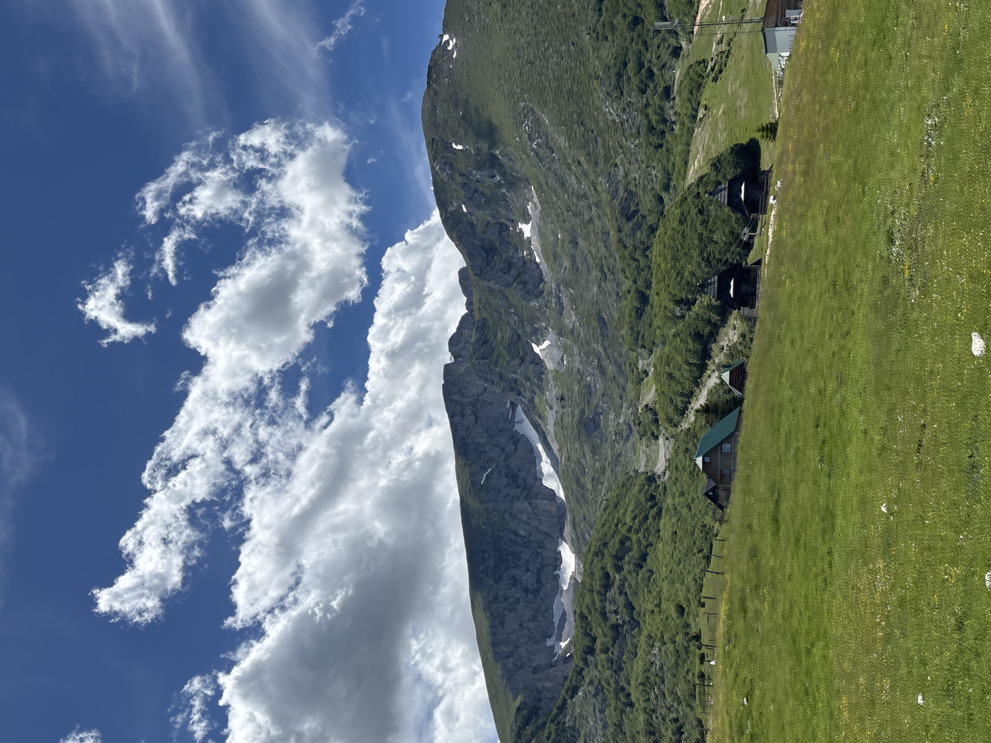 This image depicts a mountainous landscape in the vicinity of Virak, Montenegro, under a partly cloudy blue sky. In the foreground, a lush green meadow slopes gently upwards, dotted with yellow wildflowers and a few scattered white rocks. Several small structures, resembling wooden cabins with dark roofs and a single cabin with a green roof, are visible nestled on the hillside amidst the greenery. A dark wooden fence runs horizontally across the middle ground, separating the meadow from more dense vegetation.
Dominating the background is a large, rugged mountain range. The lower slopes are covered in dense green trees, while the upper reaches are characterized by rocky outcrops and patches of snow. A clear path or ski slope is visible ascending the mountain. The sky is a vibrant blue, adorned with dramatic white cumulus clouds that cast shadows on the mountainside. The overall impression is one of a serene, natural environment, likely a tourist or recreational area given the presence of the cabins and the groomed path on the mountain.