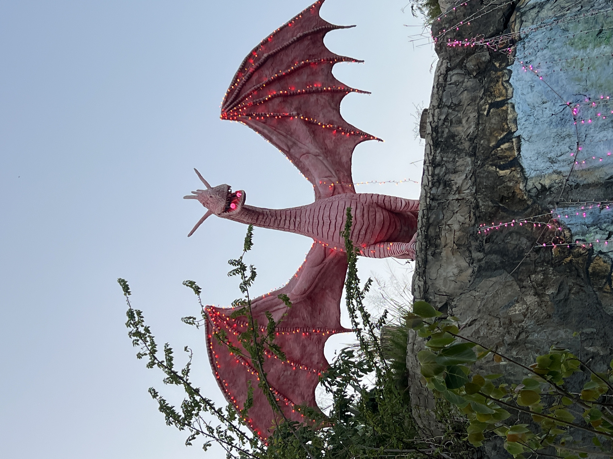 A large, pinkish-red dragon sculpture, with its wings spread wide, stands atop a dark gray rock formation in Nha Trang, Vietnam. The dragon's body exhibits textured striations, and its head, angled slightly right, features an open mouth glowing with pink light. Red string lights outline the edges and internal structures of its wings. Green foliage with small leaves partially obscures the left wing and the foreground. The cliff face supporting the dragon includes a section painted light blue, and is draped with cascading strings of pink lights on the right side. The sky in the background is clear and light blue. No people, discernible actions, or interactions are visible.