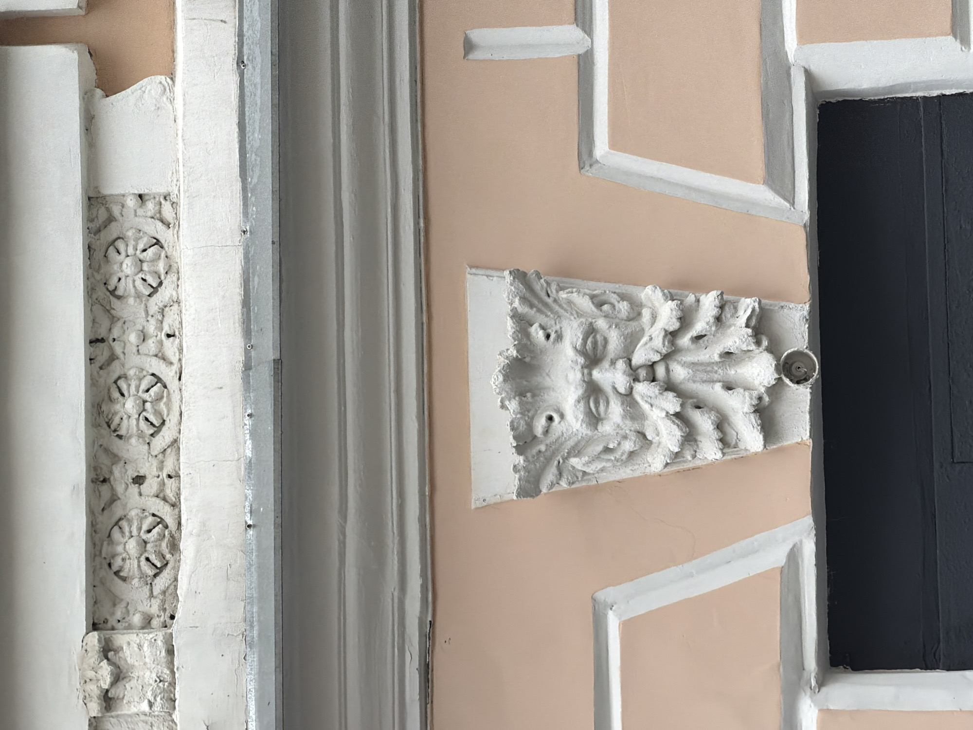 A close-up indoor shot shows ornate architectural details, possibly of a historic building. The wall is divided into panels, some colored a pale salmon and others framed in white. A dark, rectangular opening, likely a doorway, is visible on the right. To the left of this doorway is a striking, ornate white plaster carving of a face surrounded by foliage. Adjacent to the carving, there is a decorative column with floral patterns running vertically along its surface. The location is unknown; no definitive Moscow indicators are evident.