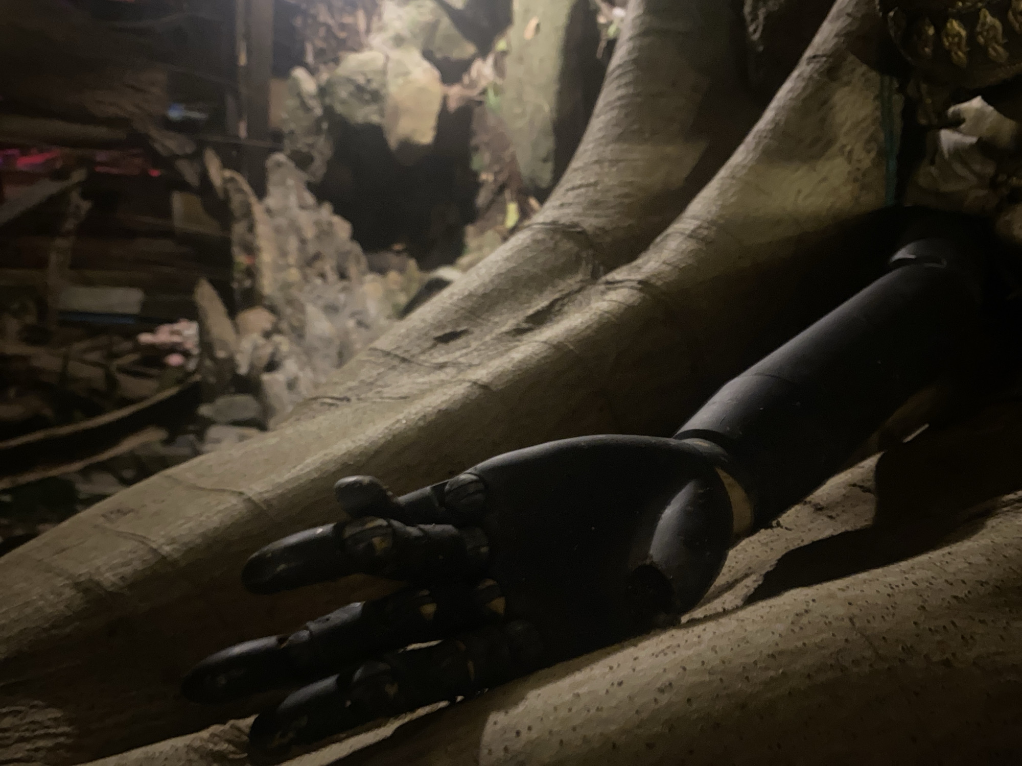 A black, articulated prosthetic arm lies on the textured surface of a large tree root in Baan Don Sai, Thailand. The hand of the prosthetic is positioned with slightly bent fingers. The environment is dimly lit, casting shadows across the scene. The background includes rocky terrain and foliage.