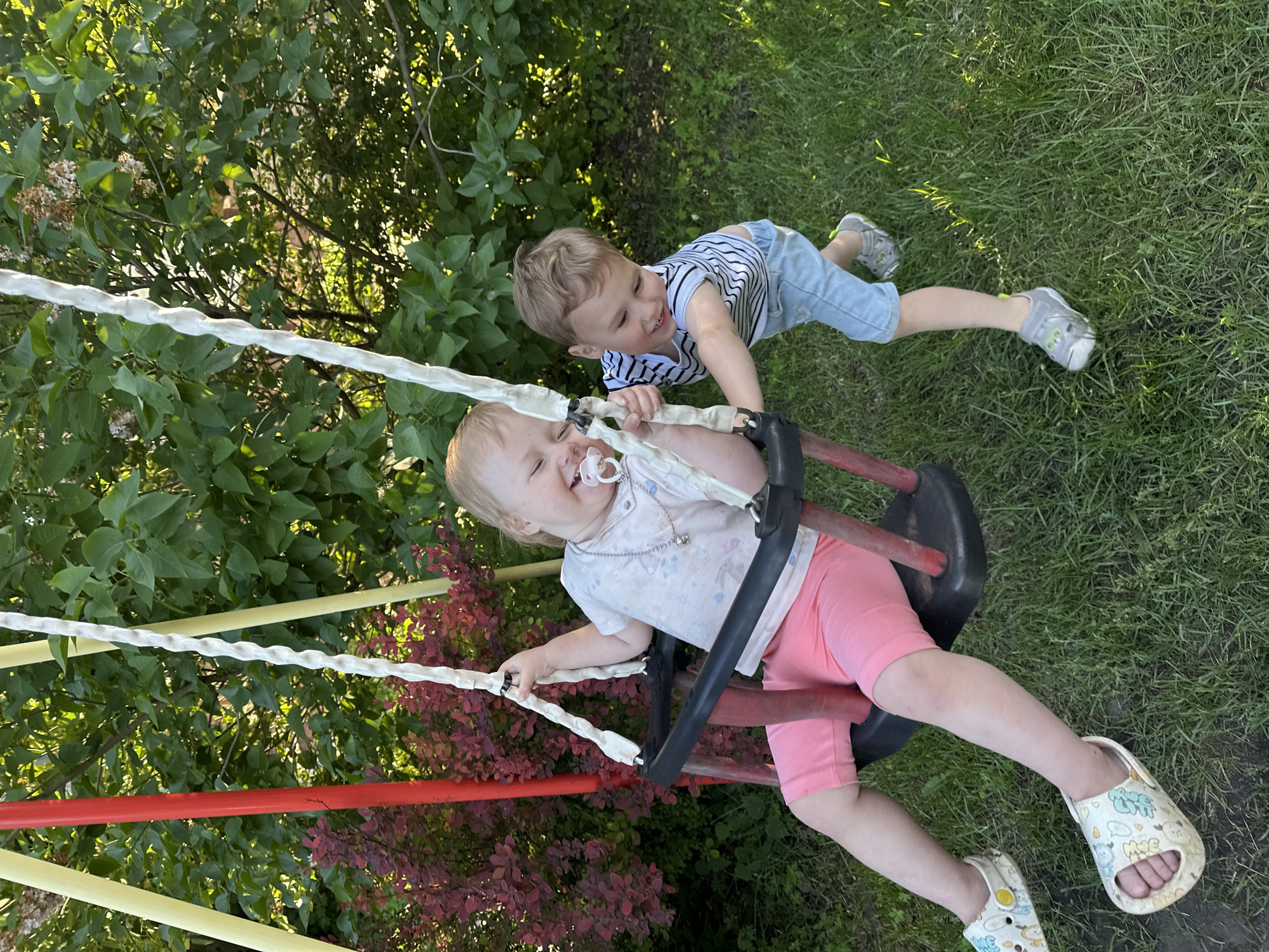 This image captures an outdoor scene in Nizhny Novgorod, Russia, featuring two young children interacting with a swing set on a sunny day.
A toddler, estimated to be between two and three years old, is seated in a black, child-safety swing seat on the left side of the frame. This child wears a light-colored short-sleeved t-shirt with an indistinct pattern, pink shorts, and light-colored, open-toed clogs with colorful designs. A silver-toned chain necklace with a small pendant is visible, and a white pacifier with a clear nipple is in the child's mouth, causing a slight indentation on the right cheek. The child's eyes are closed, and a broad smile indicates joy or laughter, with the head tilted slightly back. The child's right hand grips the white, twisted, rope-like suspension of the swing.
To the right of the swing, a second child, appearing slightly older (approximately three to five years old), stands angled towards the first child. This child wears a white t-shirt with horizontal black stripes, light blue denim-style shorts, and grey closed-toe sandals with neon green accents. Their right arm is extended, suggesting a pushing motion applied to the swing, and they wear a wide smile while looking at the child in the swing.
The swing set is constructed with visible yellow-colored angled poles and a vertical red-colored pole. The swing's suspension system comprises thick, white, twisted ropes. The ground beneath the children is covered in green grass, with patches of sparser growth. The background features lush vegetation, including dense green leafy trees and shrubs, notably a bush with dark red/burgundy foliage on the left and various shades of green leaves, some illuminated by sunlight, on the right. Small, dried, white flower clusters are visible on some of the green-leafed trees. The lighting indicates direct sunlight, suggesting either morning or late afternoon.
