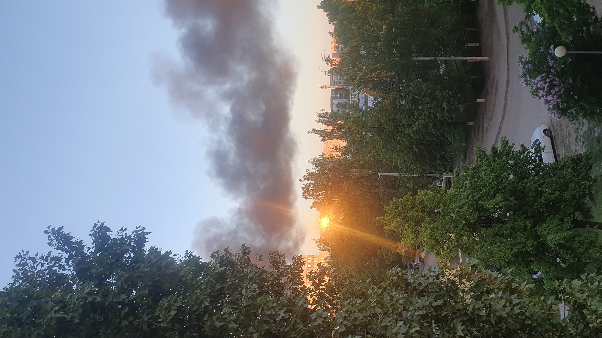 The image shows a plume of dark smoke rising in Ulyanovsk, Russia. The sky is light blue with orange hues near the horizon where the sun is visible. The smoke plume appears thick and covers a significant portion of the sky. Buildings are partially visible amidst the trees. Foreground features green trees. A road with a parked white car and a street lamp can be seen in the middle ground.