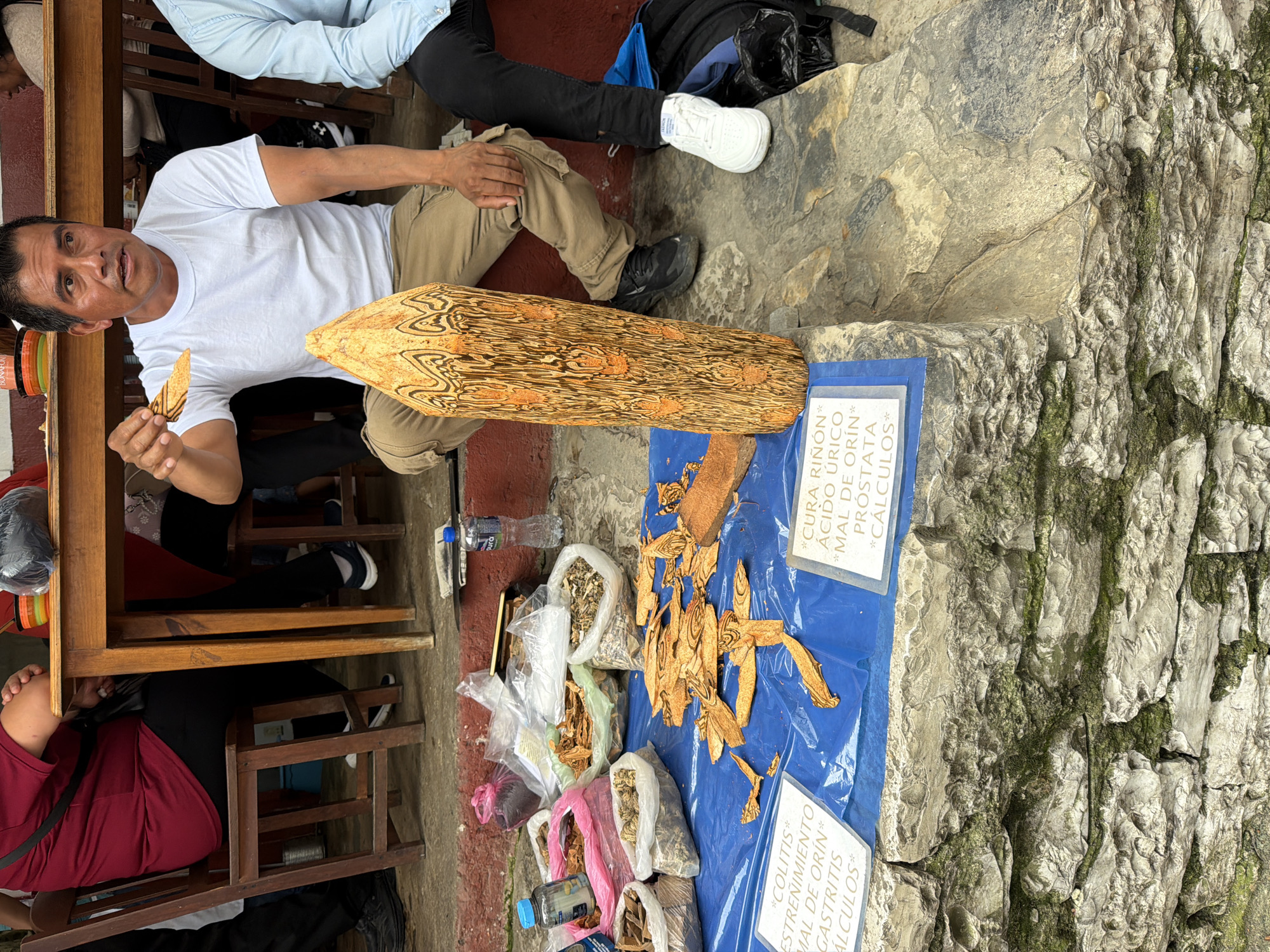 In Cuetzalan, Mexico, a man is seated outdoors, displaying local medicinal remedies. He holds a sample while sitting beside a table covered in a blue tarp. The tarp holds bags of dried plants and medicinal wood, with signs indicating treatments for kidney issues, uric acid, prostate problems, colitis, gastritis, and constipation. Nearby, additional people are seated, their legs visible. The environment is characterized by a stone structure with moss.