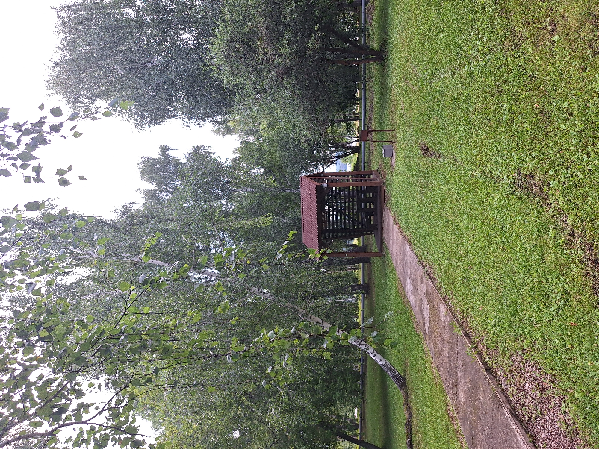 The image depicts an outdoor scene in Atamanovka, Russia, characterized by a park-like setting. A concrete pathway meanders through a grassy area, leading towards a rustic wooden gazebo with a corrugated metal roof. The gazebo appears to be open-sided and contains dark-colored benches. Surrounding the gazebo and pathway are numerous trees, predominantly birch trees with their distinctive white bark, and other deciduous trees with dense green foliage. The ground is covered in lush green grass, with some areas appearing damp. In the foreground, the path is flanked by grass and a strip of gravel. A small metal grill and a grey concrete base are situated to the right of the gazebo. The sky is overcast, suggesting a cloudy day. No people are visible in the image. The overall impression is one of a tranquil, recreational outdoor space.