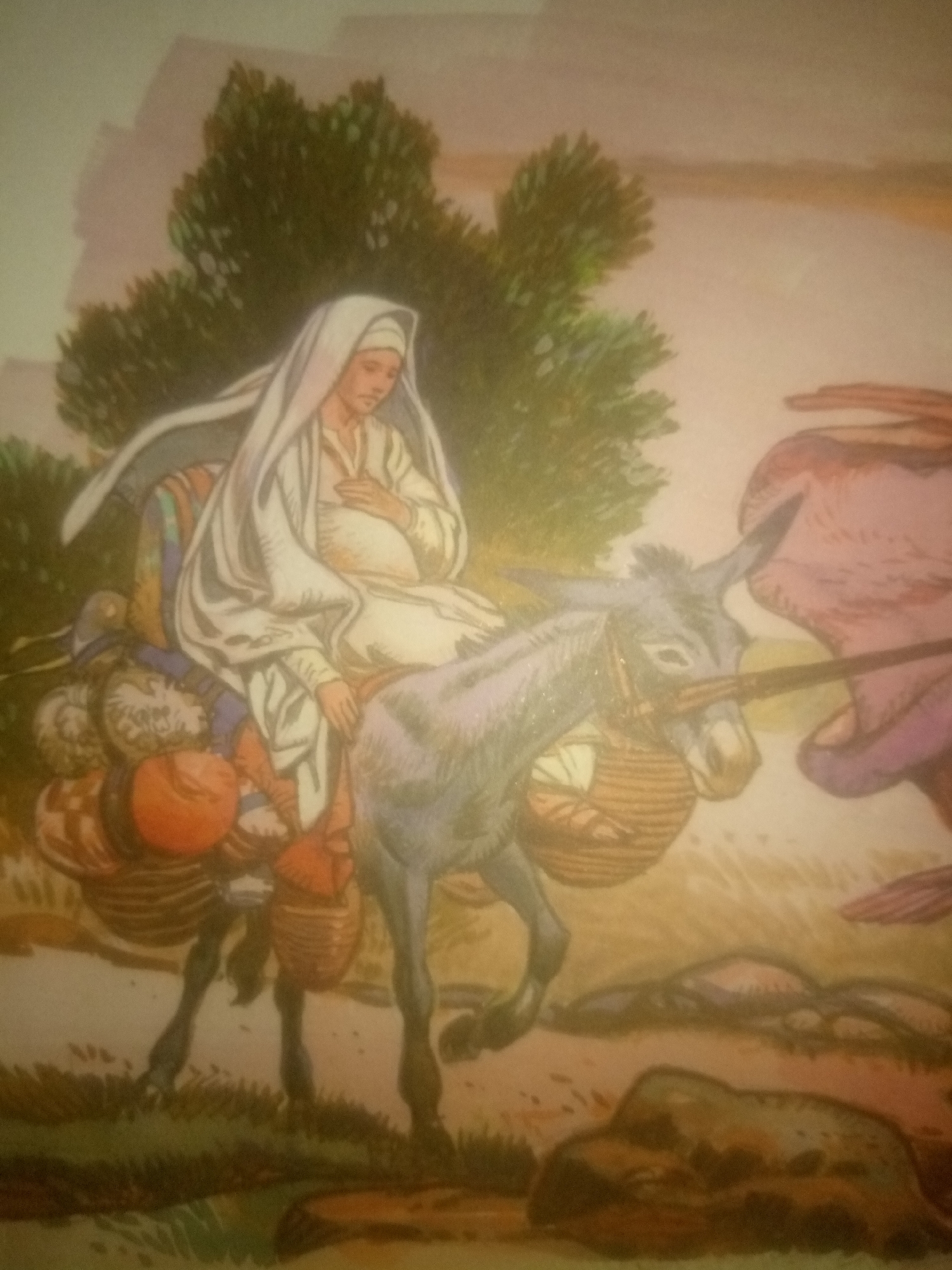 The image depicts a religious scene, likely the Nativity story. A pregnant woman, dressed in white robes and a head covering, rides a donkey. She is carrying bundles and bags, suggesting a journey. The donkey is laden with baskets on either side. In the background, there are trees and a hazy landscape. The overall tone is serene and peaceful, with the soft lighting possibly indicating dawn or dusk. The scene is set in a rural or arid environment, with dry earth and sparse vegetation. There are no visible text elements in the image. The location context of Jauro Yinu, Nigeria, suggests a potential connection to early Christian narratives or depictions within that cultural region.