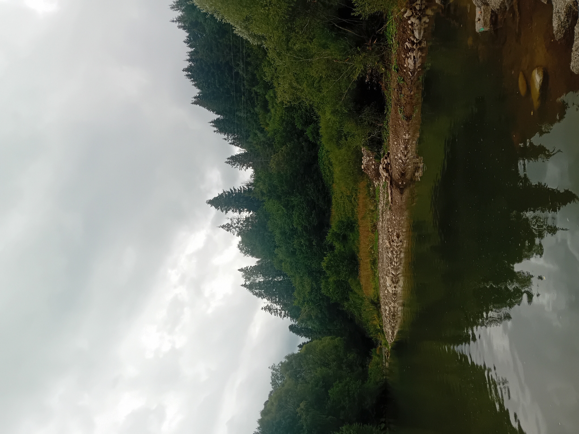 The image depicts a tranquil river scene set against a backdrop of lush, green hills and a cloudy sky. The river, with its dark, reflective water, occupies the foreground, mirroring the trees and sky above. The riverbanks are lined with a mix of rocky terrain and dense vegetation, with a prominent cluster of trees forming a natural barrier along the higher ground. The overall atmosphere is serene and natural, suggesting a peaceful, undeveloped area. The location is identified as Habovka, Slovakia, a region known for its natural beauty and forested landscapes.