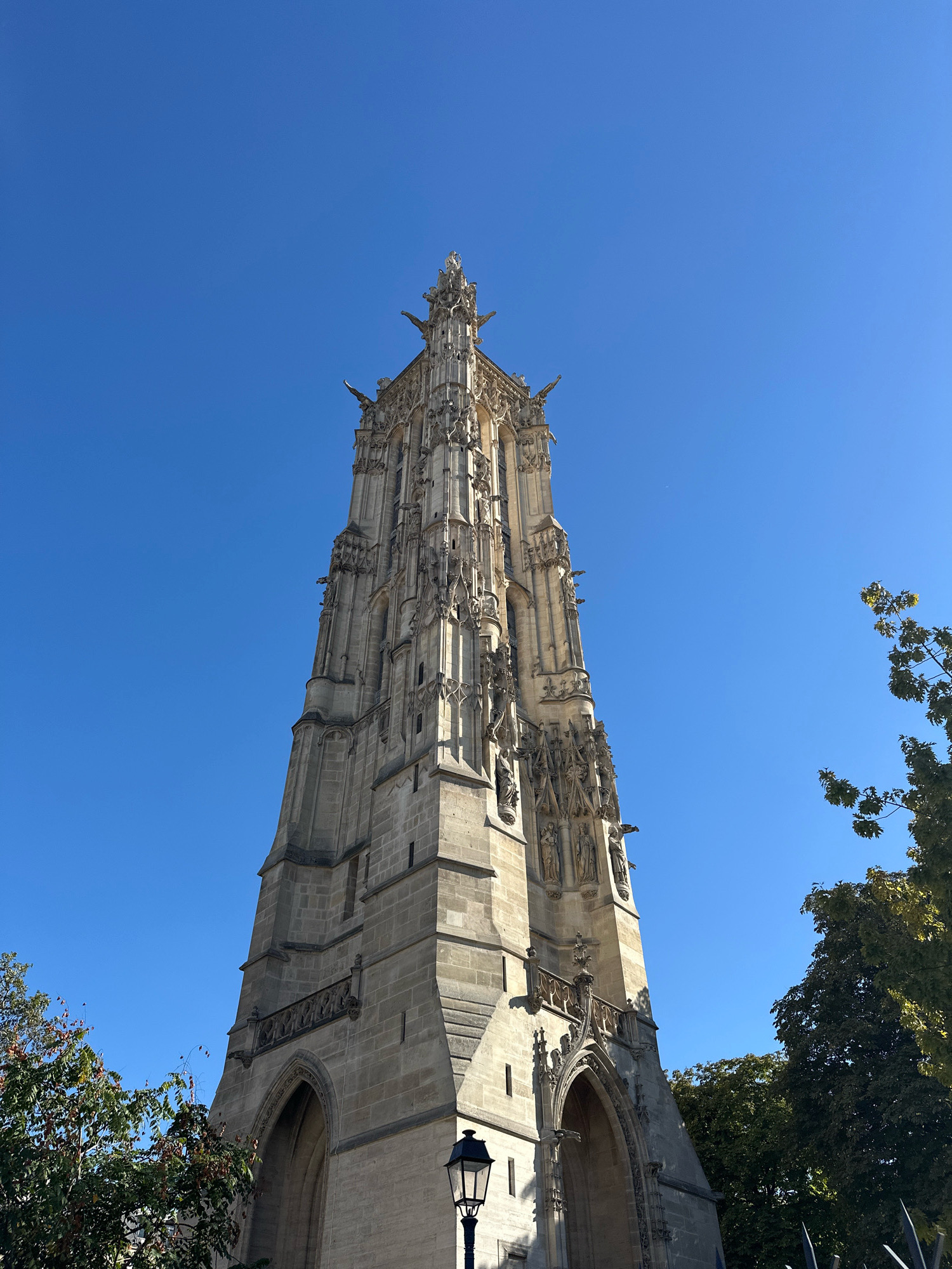 A low-angle, full-shot photograph captures the iconic Tour Saint-Jacques in Paris, France, under a clear, bright blue sky. The tall, Gothic-style tower, constructed from light-colored stone, dominates the frame. It is adorned with intricate carvings, statues, and gargoyles, and tapers towards a spired apex topped with a statue of Saint James.
The tower stands tall with multiple levels, each featuring architectural details like arched windows, buttresses, and decorative ledges. The lower section of the tower features a grand arched entrance.
To the right and left of the tower, lush green trees with some autumn foliage are visible, partially framing the structure. In the lower right corner of the image, a black, old-fashioned streetlamp is present. The ground level is not visible in the frame. The overall scene is bright and sunny, suggesting daytime.