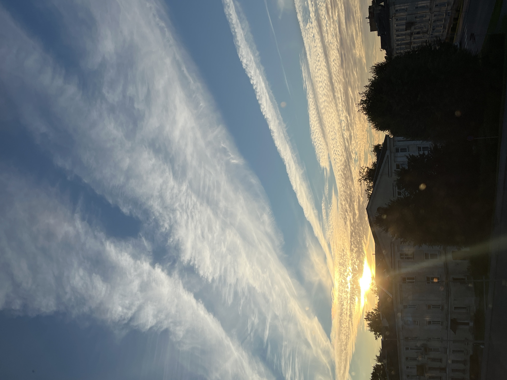 The image captures a cityscape in Kohtla-Järve linn, Estonia, during what appears to be sunrise or sunset. The sky is a prominent feature, filled with streaky, wispy clouds that are illuminated with hues of yellow and orange, suggesting the presence of the sun near the horizon. These clouds are arranged in diagonal bands across the sky.
Below the sky, the upper floors of several buildings are visible. The architecture appears to be of a European style, with multiple windows and balconies. The buildings are in various states of preservation, with some showing signs of age. Silhouetted against the bright sky and the buildings are several large, dark trees, casting shadows and partially obscuring the structures. A street or road is visible in the foreground, though it is largely in shadow. No people are visible in the image. The overall scene is one of urban twilight, with the natural beauty of the sky contrasting with the man-made structures below.