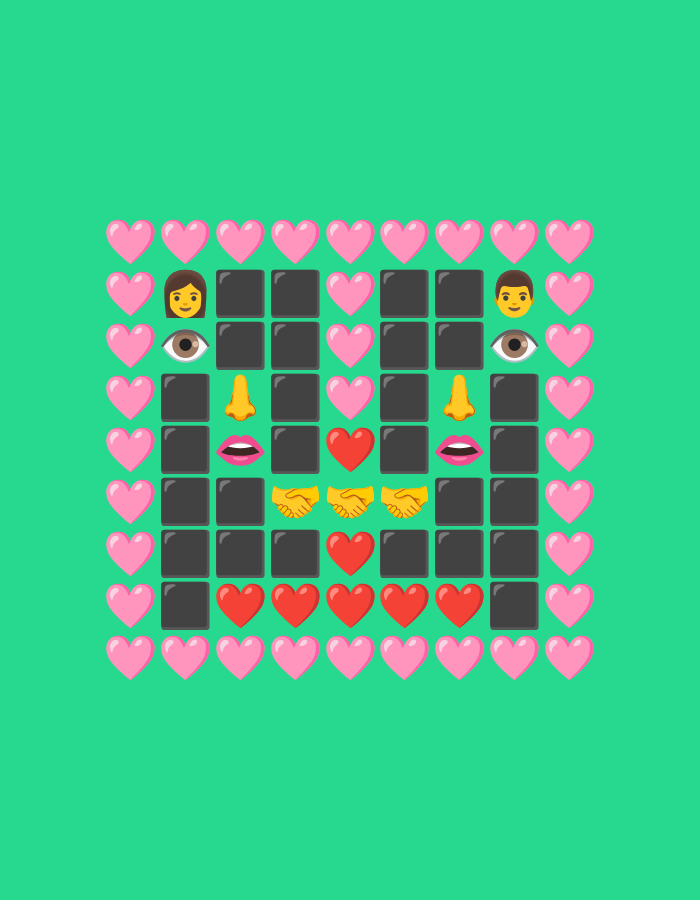 An overhead, eye-level, medium shot captures a grid-like arrangement of pink and red heart emojis and various facial feature emojis against a plain green background. The grid, composed of 7 rows and 11 columns, is centrally positioned in the image. The top row consists entirely of pink hearts. The second row from the top starts with pink hearts, then transitions to two black squares, followed by a female face emoji, and then three pink hearts. The third row features pink hearts, followed by three black squares, a left eye emoji, a nose emoji, a pink heart, and another pink heart. The fourth row contains pink hearts, three black squares, a mouth emoji, a black square, a pink heart, and another pink heart. The fifth row has pink hearts, two black squares, a left handshake emoji, a right handshake emoji, two black squares, and two pink hearts. The sixth row begins with pink hearts, then two black squares, followed by six red heart emojis. The bottom row is comprised entirely of pink hearts. The overall arrangement suggests a game or a puzzle, with the facial features and hearts acting as elements within the grid.