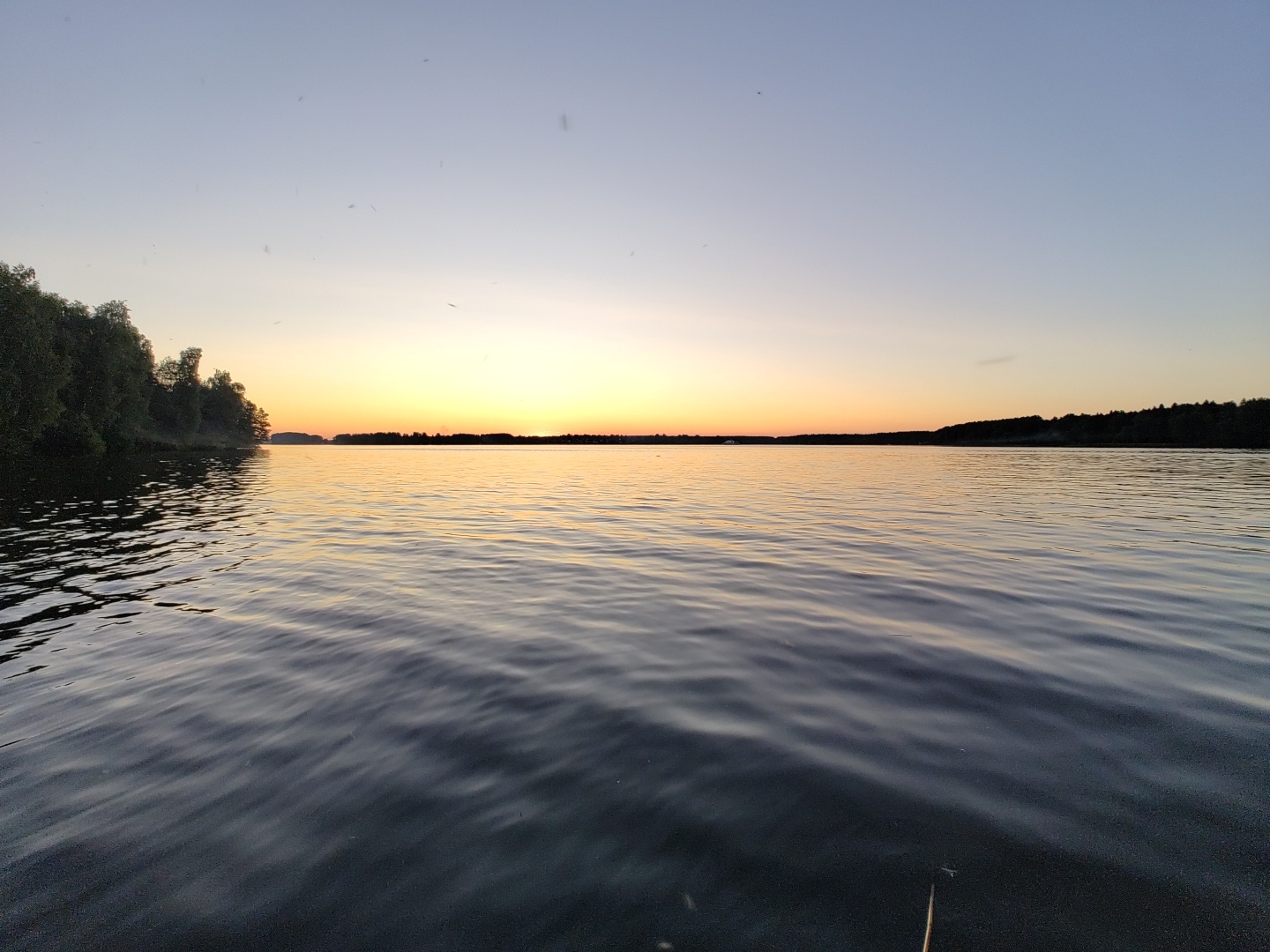 A serene, wide shot captures a tranquil lake at sunset. The sky transitions from a pale blue at the top to a soft orange and yellow glow near the horizon, where a faint silhouette of trees lines the distant shore. On the left side of the frame, a dense line of dark green trees meets the water's edge, creating a natural boundary. The lake's surface is rippled, reflecting the warm hues of the sunset and the darker tones of the surrounding vegetation. A thin, upright object, possibly a fishing rod, extends from the bottom right corner of the image. The location is identified as Mikhalevo, Russia.