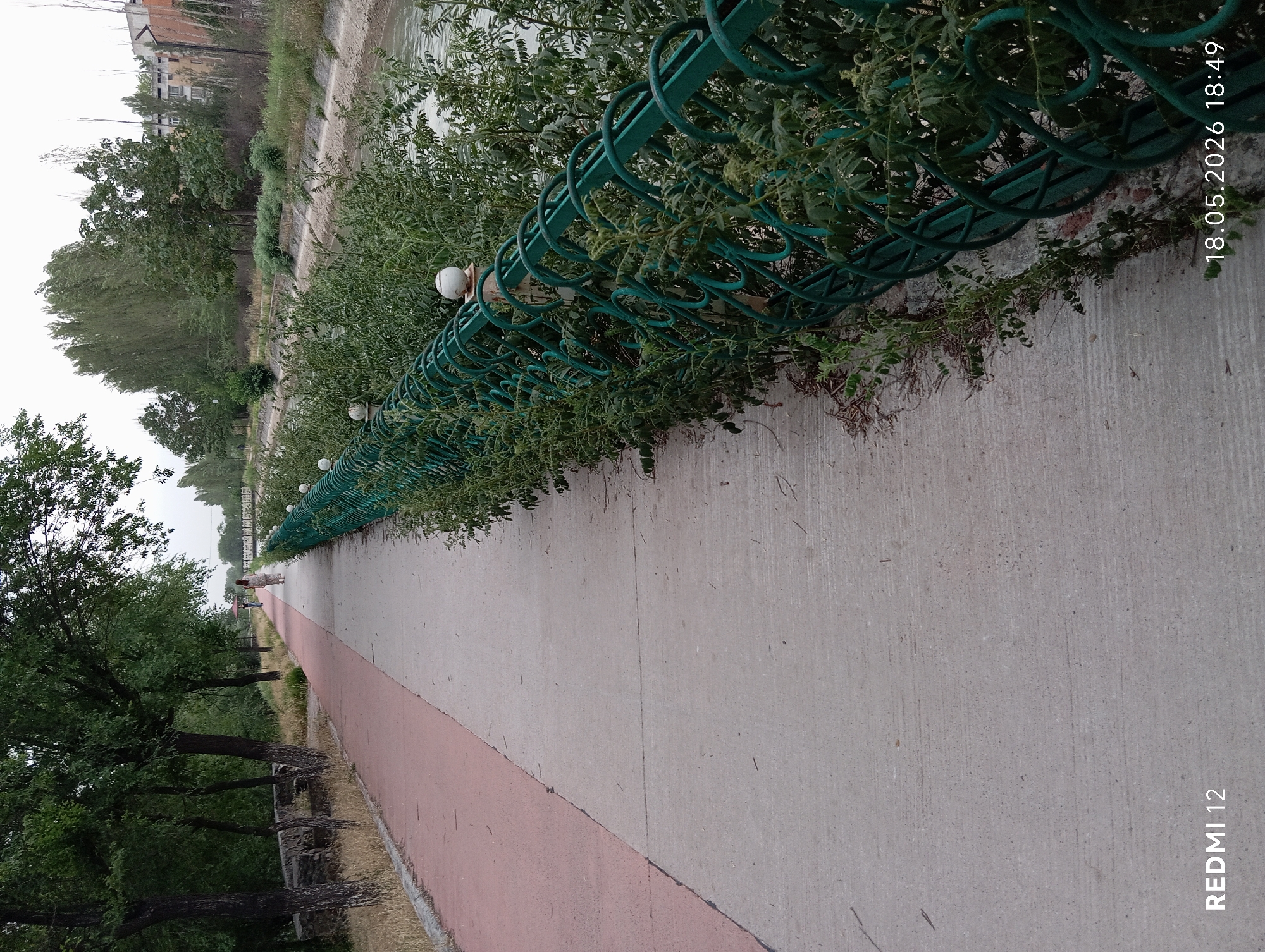 The image shows a paved pathway bordered by a low green fence with spherical lights along a canal. Overgrown bushes and greenery intertwine with the fence. On the left, trees line the path. In the distance, two figures are walking. The camera's perspective is along the pathway, creating a vanishing point. The photo was taken on May 18, 2026, at 18:49. A building is visible in the background on the left. The pathway has a concrete area and a designated walking lane. The location is presumed to be in Bekabad, Uzbekistan, based on the image details.