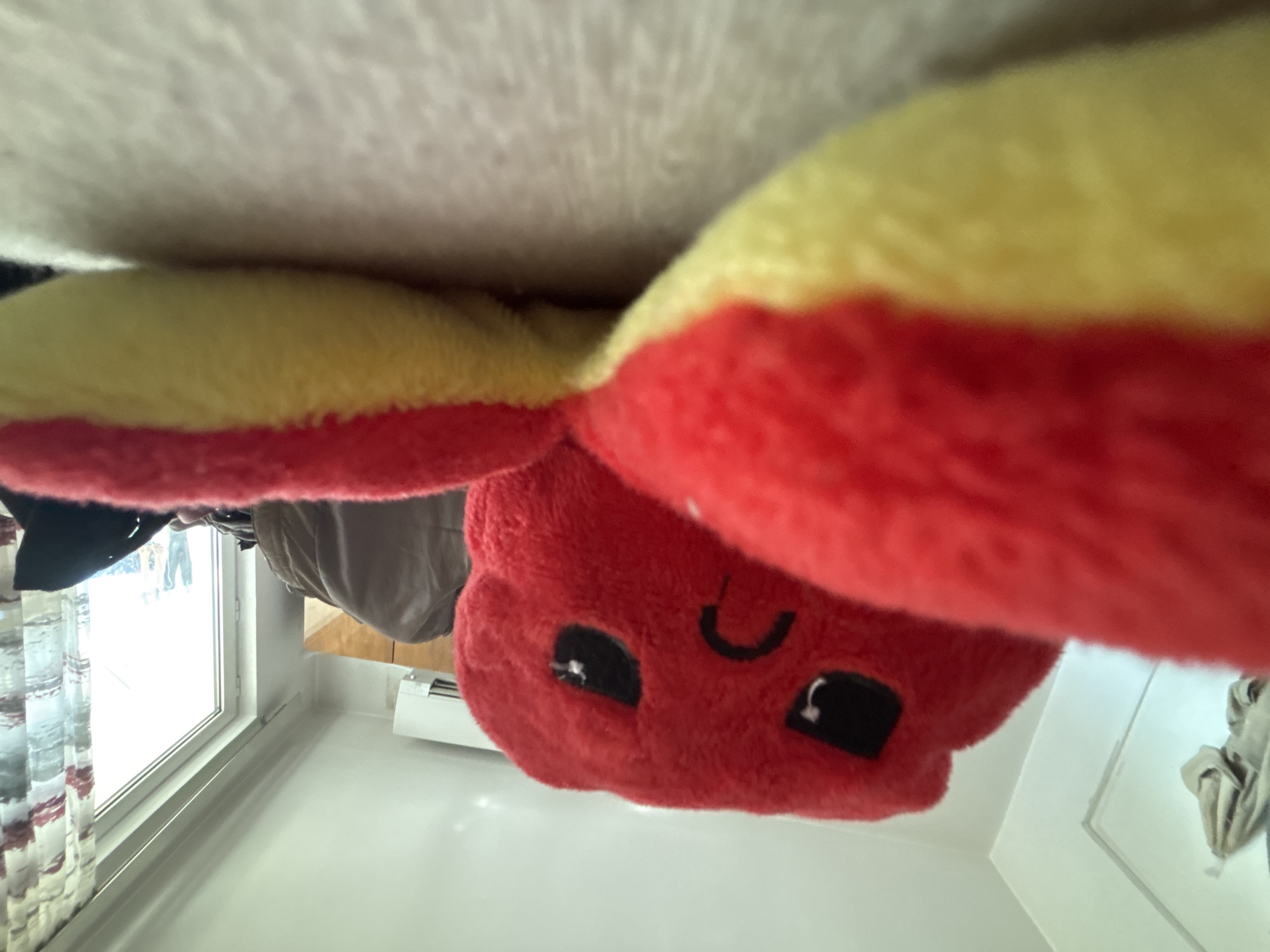 The image shows a close-up view of a red and yellow plush toy with cartoon-like facial features, including two black eyes and a curved smile. The toy appears to be pressed against a white surface, possibly a ceiling or wall. The background shows a room interior with a window on the left side, revealing an exterior scene with people and buildings, potentially a street or urban area. Clothes are draped over a closet pole. The room's walls and ceiling are white. The image is rotated, giving the impression that the toy is hanging upside down. It is not possible to determine the exact location in Troyan, Bulgaria from the image.