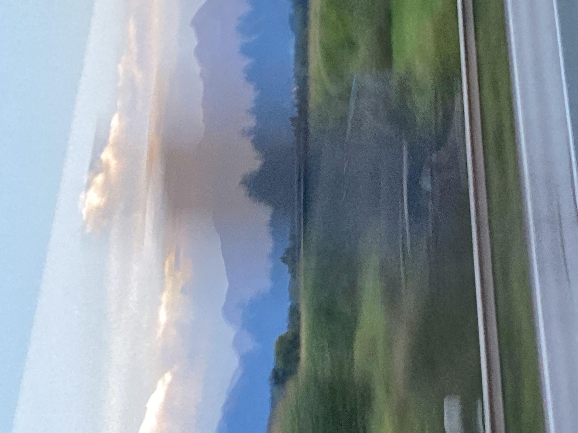The image captures a blurry, motion-streaked landscape that appears to be a rural area, possibly the outskirts of Rohrdorf, Germany. The foreground features a light grey asphalt road with a white lane marker, separated from the background by a grey guardrail. Beyond the guardrail, a field of green grass is visible, with a darker, water-like feature running through it. In the mid-ground, a line of dark, indistinct trees or vegetation stretches horizontally. Further back, a hazy, dark plume rises from the landscape, obscuring the lower portions of layered, blue-hued mountains in the distance. The sky is a pale blue with scattered white and pinkish clouds, suggesting either dawn or dusk. The overall impression is one of movement and distance, with the details of the scene softened by the blur.