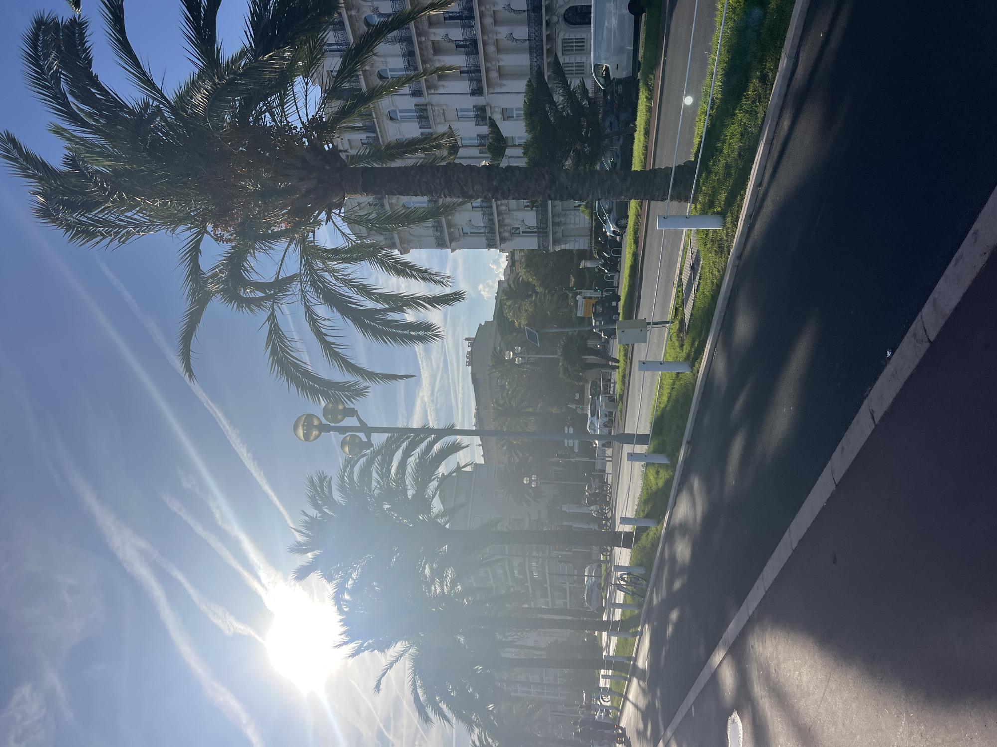 The image depicts a sunny day in Nice, France, likely along the Promenade des Anglais. In the foreground, a dark asphalt path, possibly a pedestrian walkway or bike lane, is visible with shadows cast by palm trees. The path is bordered by a white railing and a grassy strip. Beyond the grass, a road runs parallel, with several cars and motorcycles parked or in motion. Palm trees line the street, with one prominently in the right half of the frame, its fronds reaching towards the bright sky. In the background, several multi-story buildings with classical architecture, featuring balconies and arched windows, are visible. The sky is bright blue with streaks of white contrails from airplanes. The sun is high and bright, creating lens flare in the upper left portion of the image. A lamppost with multiple globes stands near the palm trees.