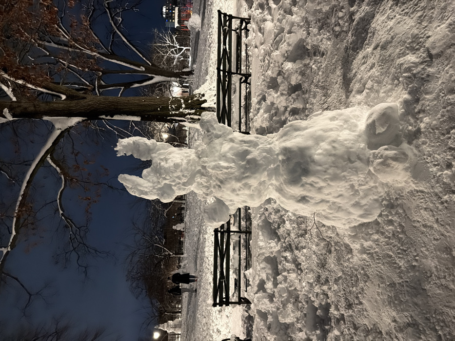 A large snowman sits beside a park bench covered in snow. The snowman is composed of several large, rounded mounds of snow. A bare tree branch extends from the left side of the frame, with other trees in the background. The scene is lit with street lamps, creating a night time atmosphere. Figures walk in the distance on a snow covered pathway. Buildings with colorful lights are slightly visible in the background.