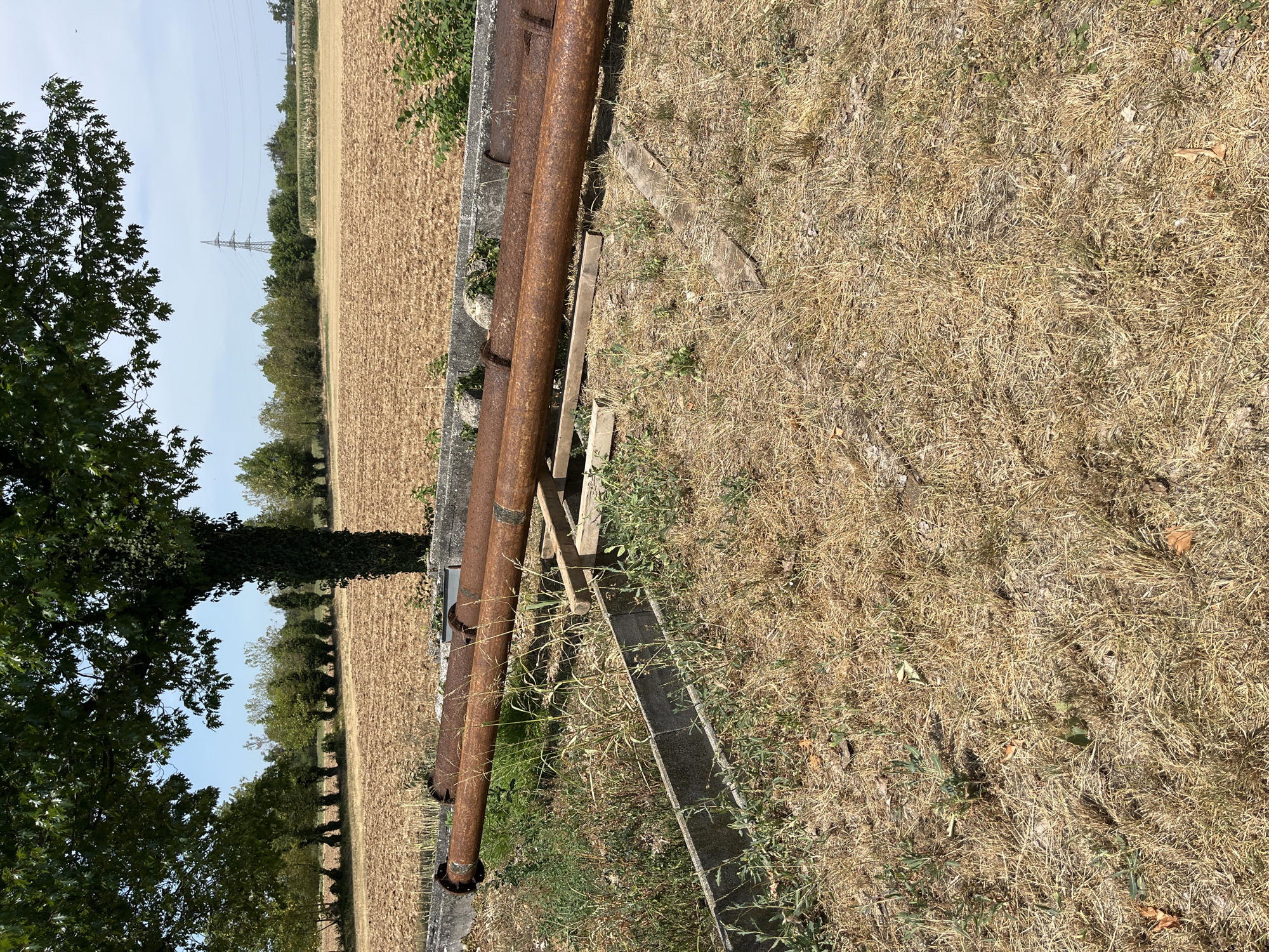 The image depicts a rural scene in Castiglione delle Stiviere, Italy, under a clear blue sky. In the foreground, dry, golden grass covers the ground. Several large, rusty metal pipes are laid out horizontally. These pipes rest on a wooden support structure. Behind the pipes, a low concrete structure runs horizontally, partially obscured by vegetation. Beyond this, a large field of tilled, brown earth stretches into the distance. A line of trees borders the field, with more distant trees and vegetation visible further back. A power pylon and electrical lines are visible on the horizon. The scene is one of an outdoor, agricultural or industrial landscape. There are no people or animals visible in the image.