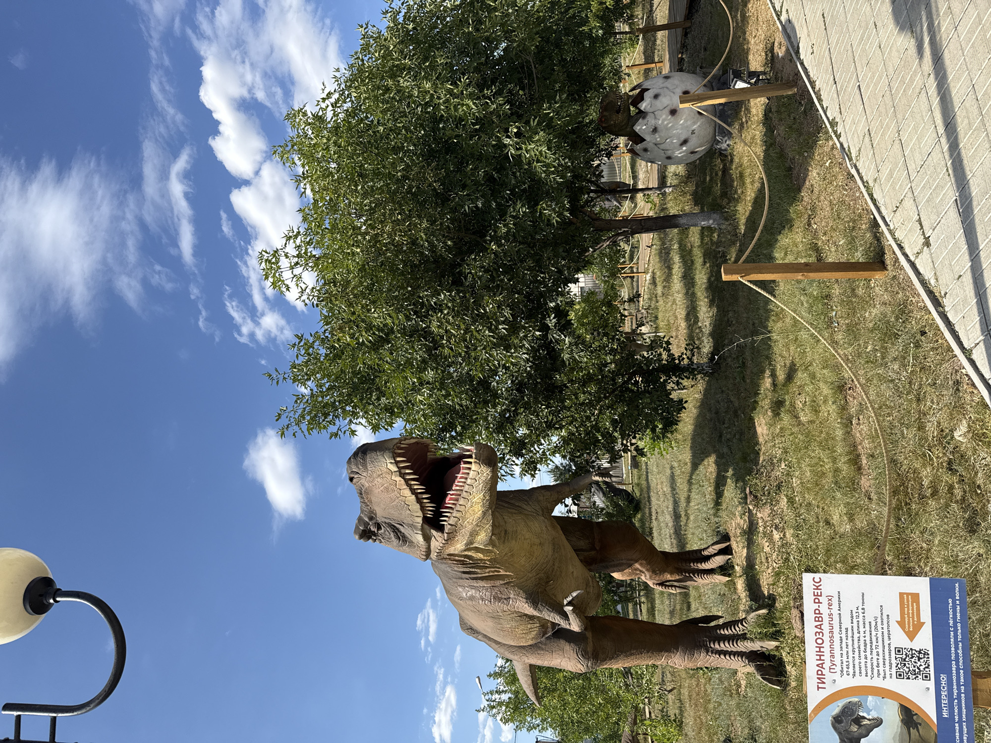 The image shows an outdoor exhibit featuring a life-sized replica of a Tyrannosaurus Rex dinosaur in what appears to be a park or zoo setting. The T-Rex model is positioned in the foreground, with its mouth open, revealing its teeth and red tongue. Behind the T-Rex, a large, leafy tree dominates the mid-ground, with a large dinosaur egg exhibit, from which a dinosaur head is emerging, to the right of the tree. A wooden walkway or path is visible in the lower right quadrant of the image, bordered by a rope fence supported by wooden posts. In the background, more trees and a lamppost are visible. The sky is blue with scattered white clouds. A sign with Cyrillic text and images of dinosaurs is present in the lower left corner of the image. The overall scene suggests a family-friendly attraction. The location is identified as Sol-Iletsk, Russia. There are no people visible in the image.