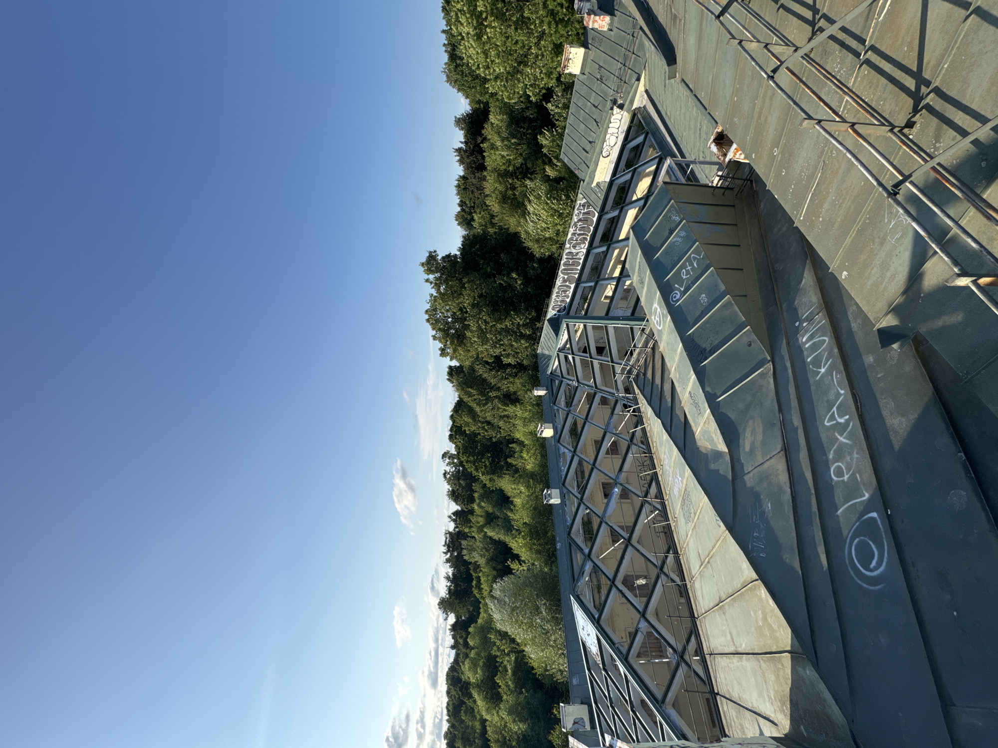 This is a photograph taken from a rooftop in Peterhof, Russia, offering a view of surrounding greenery and a complex rooftop structure. The sky is a clear, bright blue with a few wispy clouds. Below, a dense forest with various shades of green trees dominates the landscape. The foreground and midground are occupied by the weathered, green metal roof of an older building. The roof is segmented and features a central section with a diamond-patterned glass roof, suggesting an atrium or covered walkway that is partially exposed to the elements. There is graffiti visible on some of the roof panels, including white spray paint. Chimneys and ventilation pipes are also present on the roof. Metal railings and scaffolding indicate ongoing maintenance or a state of disrepair. The overall impression is one of an aged architectural structure surrounded by nature, under a bright sky.
