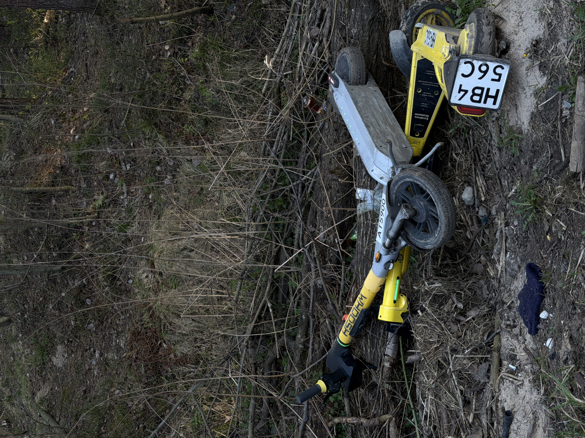 A yellow and grey electric scooter lies on its side amidst fallen branches and dirt in an outdoor setting, potentially a wooded area. The scooter has a license plate reading "HB4 56C". The brand name "WHOOSH" is visible on the scooter's handle. A dark-colored glove lies near the scooter. The location appears to be Lavriki, Russia based on the license plate and brand.